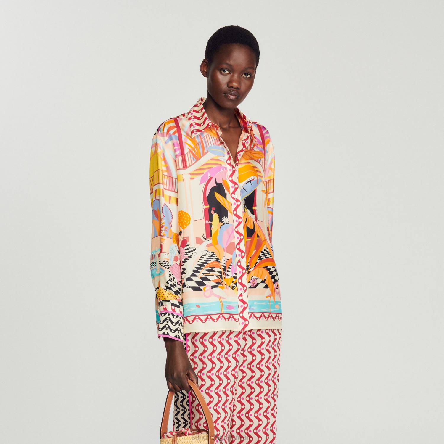 ثياب Sandro Paris قميص حرير مطبوع برتقالي/وردي نحيف ZJ00188