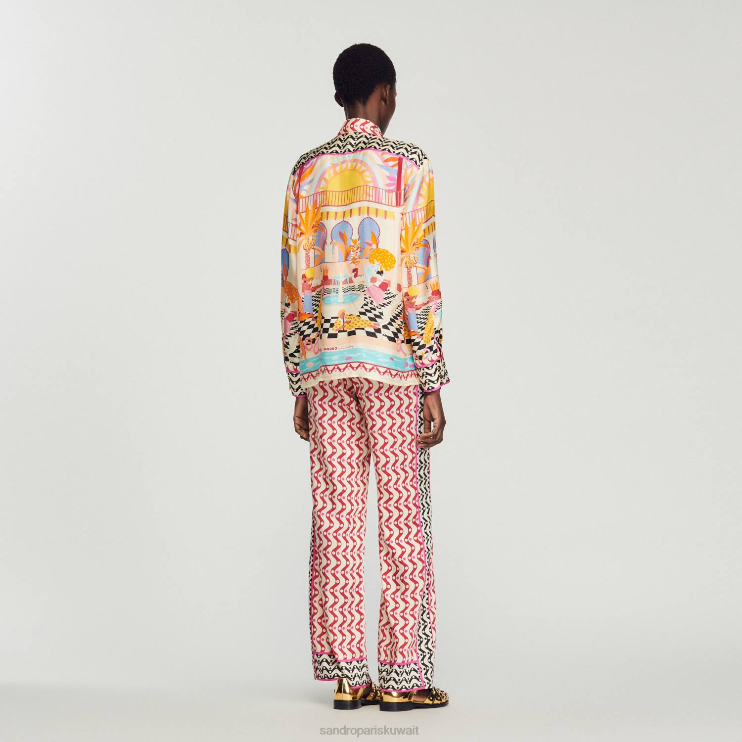 ثياب Sandro Paris قميص حرير مطبوع برتقالي/وردي نحيف ZJ00188