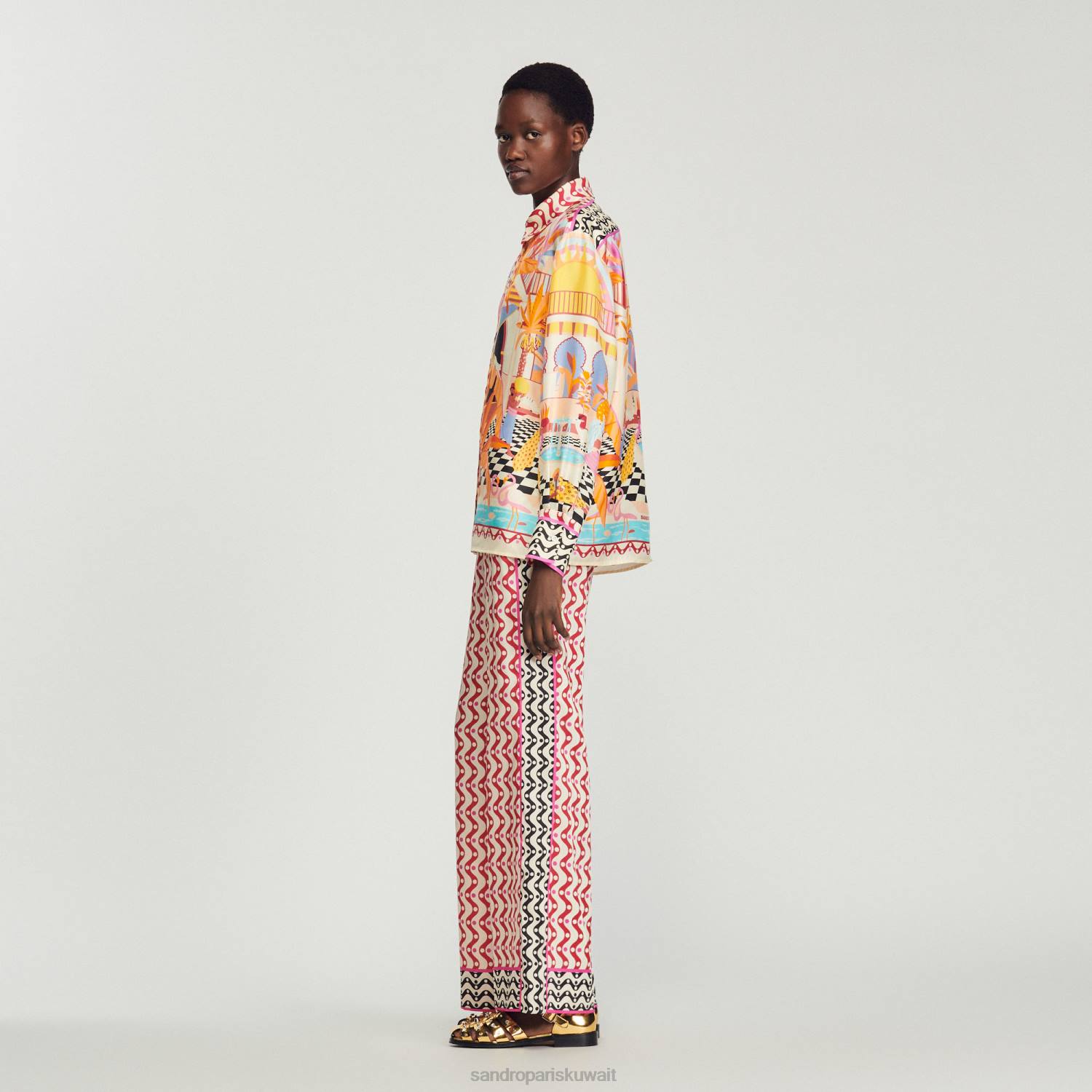 ثياب Sandro Paris قميص حرير مطبوع برتقالي/وردي نحيف ZJ00188