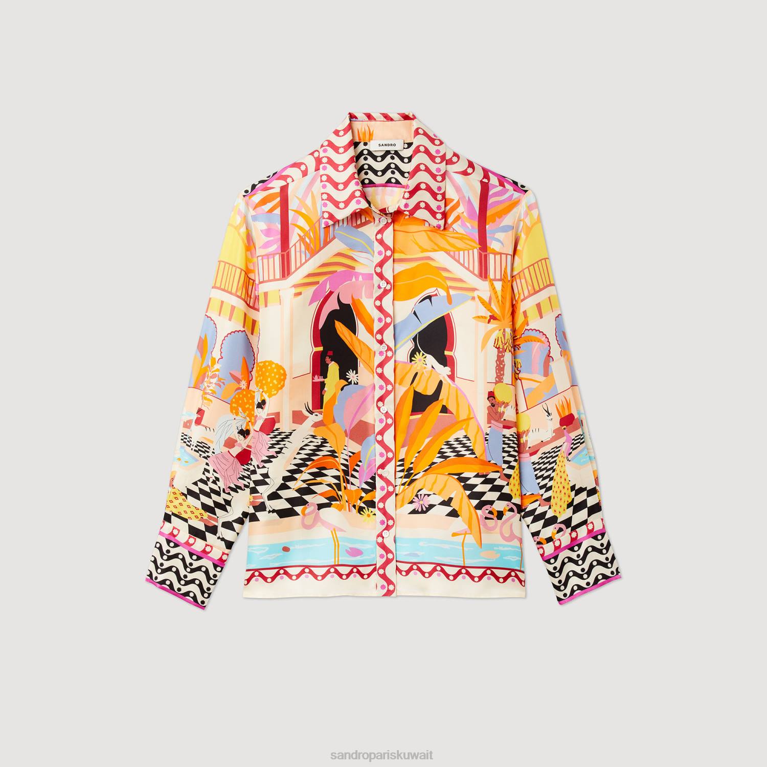 ثياب Sandro Paris قميص حرير مطبوع برتقالي/وردي نحيف ZJ00188