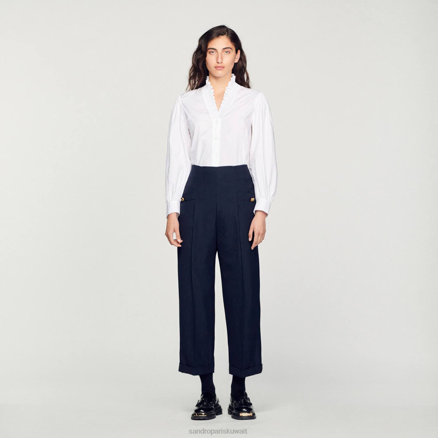 ثياب Sandro Paris السراويل واسعة الساقين الأزرق الداكن نحيف ZJ00192