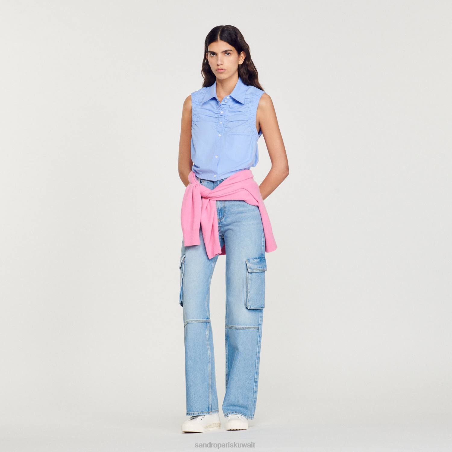 ثياب Sandro Paris اقتصاص قميص بلا أكمام أزرق نحيف ZJ00194