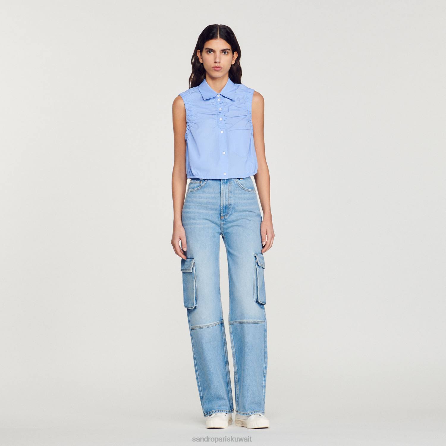 ثياب Sandro Paris اقتصاص قميص بلا أكمام أزرق نحيف ZJ00194