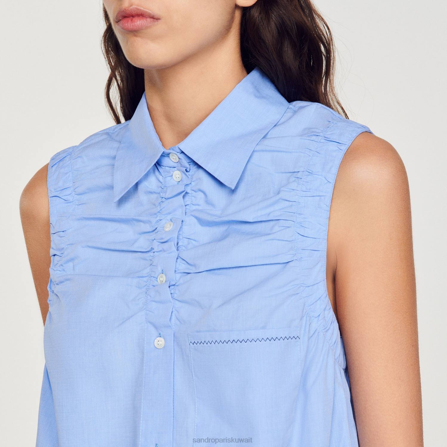 ثياب Sandro Paris اقتصاص قميص بلا أكمام أزرق نحيف ZJ00194