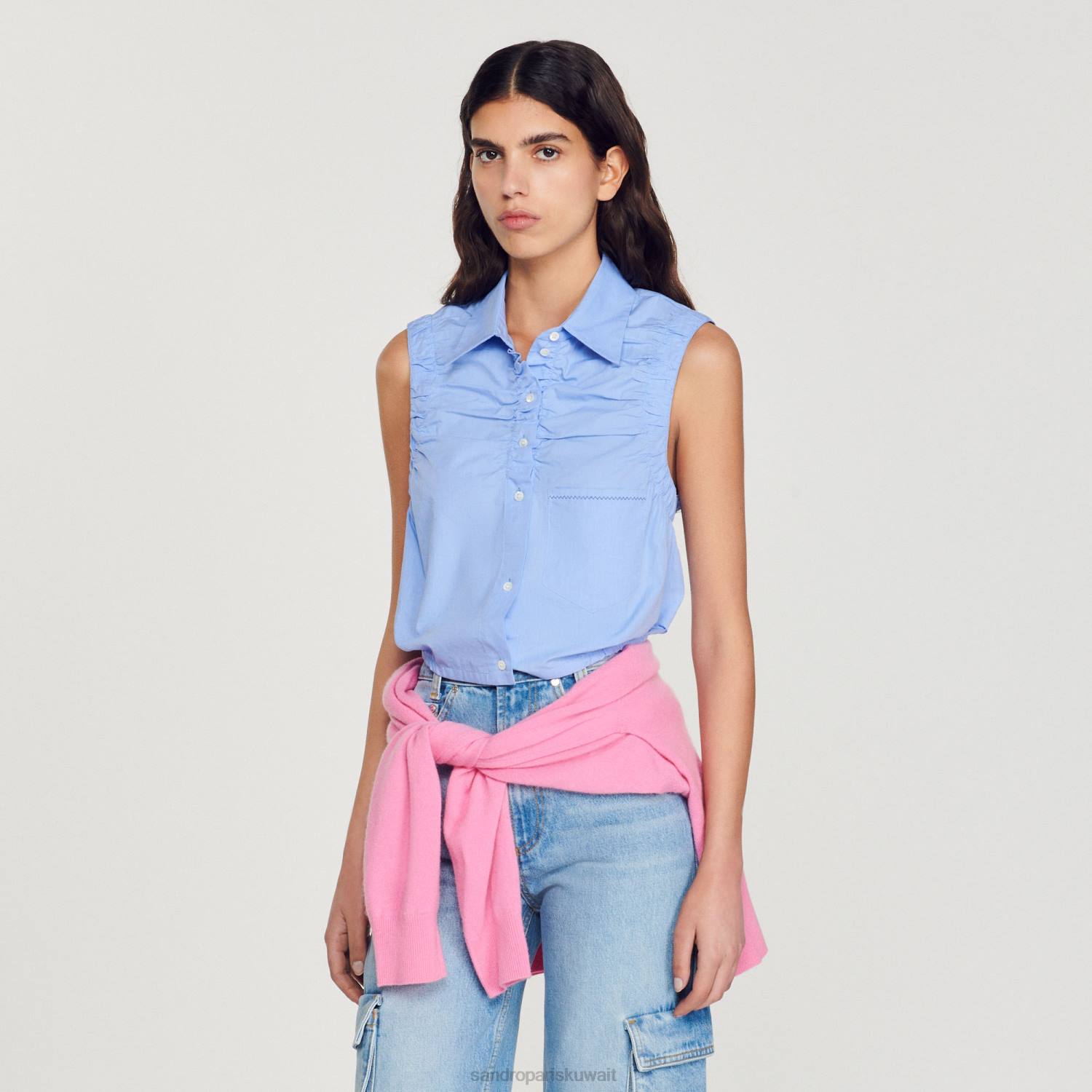ثياب Sandro Paris اقتصاص قميص بلا أكمام أزرق نحيف ZJ00194