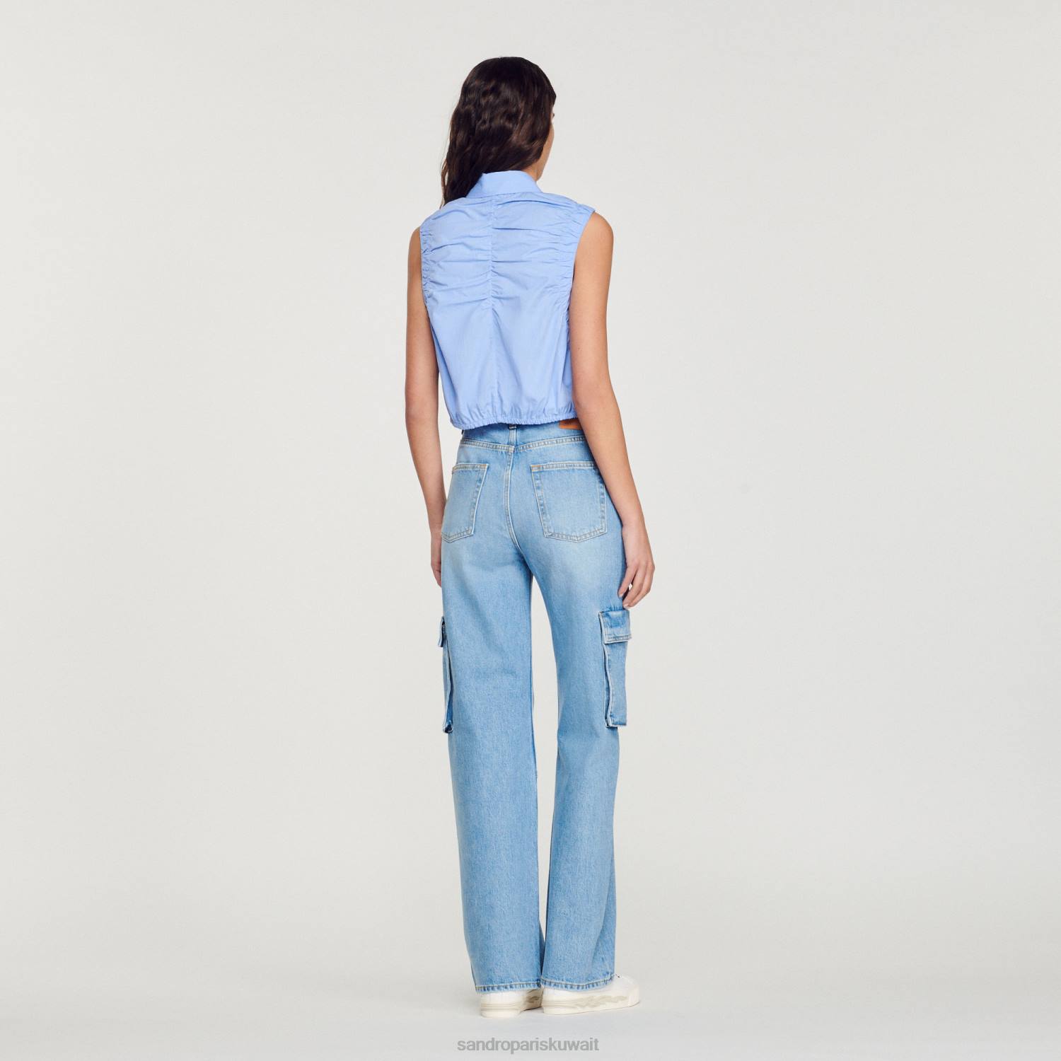 ثياب Sandro Paris اقتصاص قميص بلا أكمام أزرق نحيف ZJ00194
