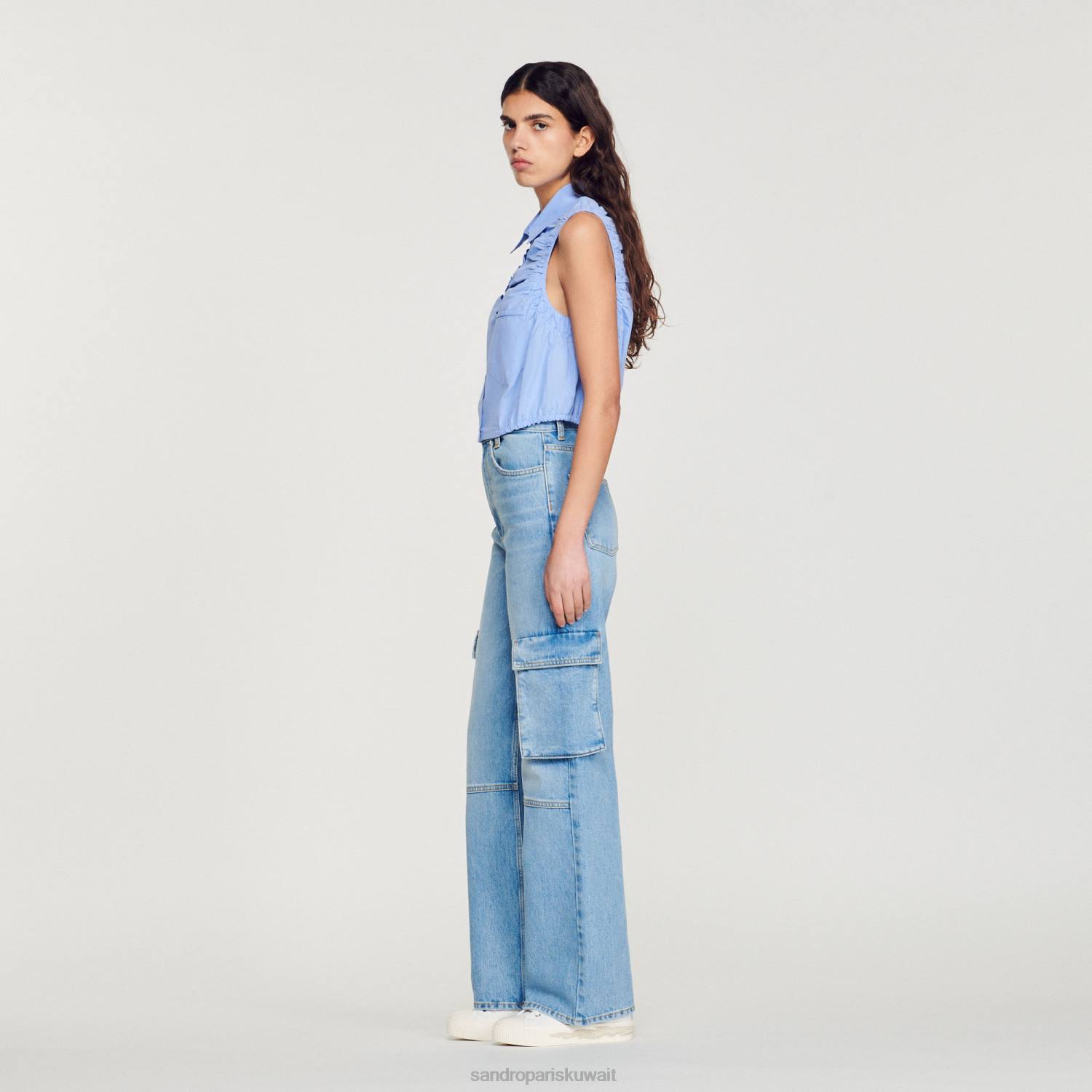 ثياب Sandro Paris اقتصاص قميص بلا أكمام أزرق نحيف ZJ00194