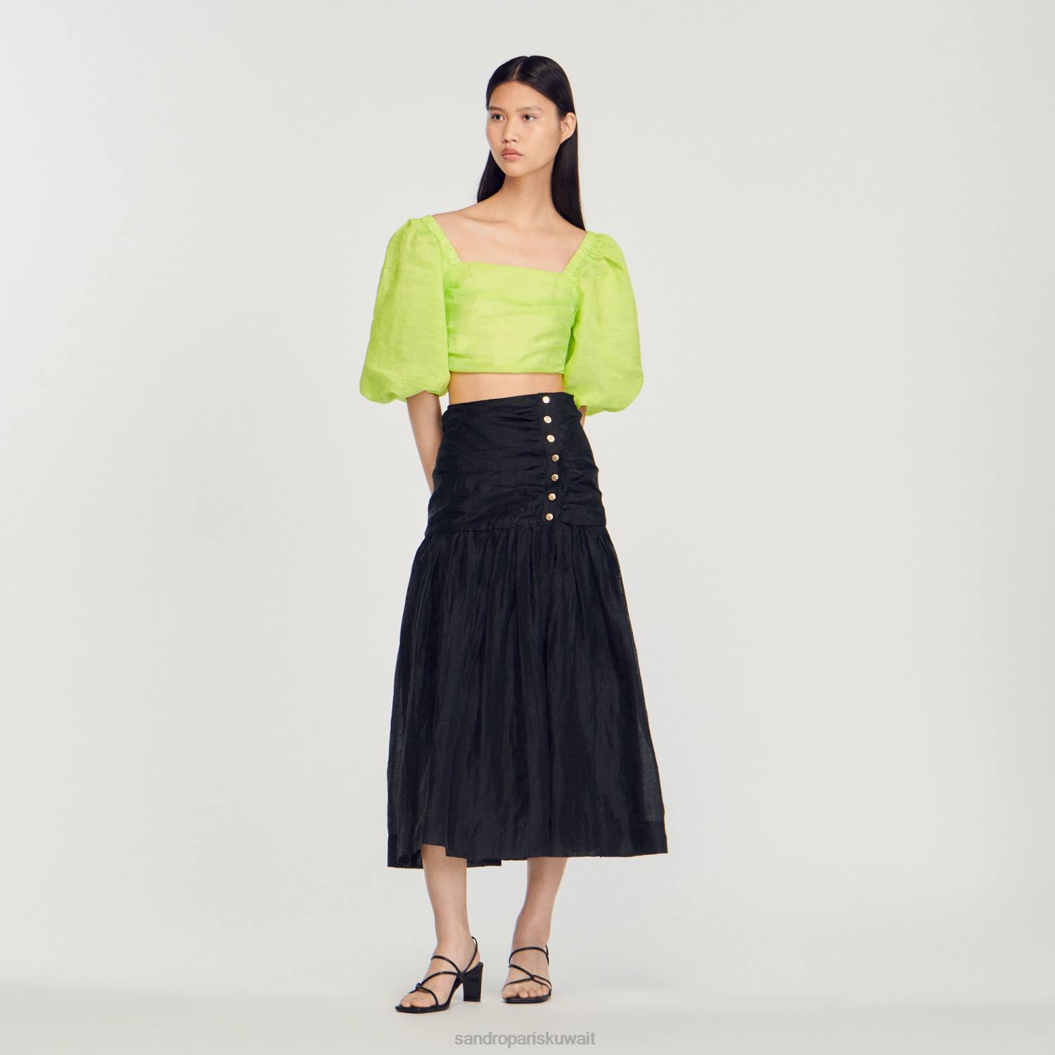 ثياب Sandro Paris تنورة طويلة مجمعة أسود نحيف ZJ00197