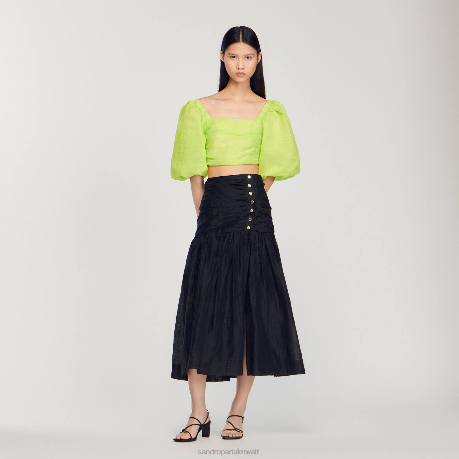 ثياب Sandro Paris تنورة طويلة مجمعة أسود نحيف ZJ00197