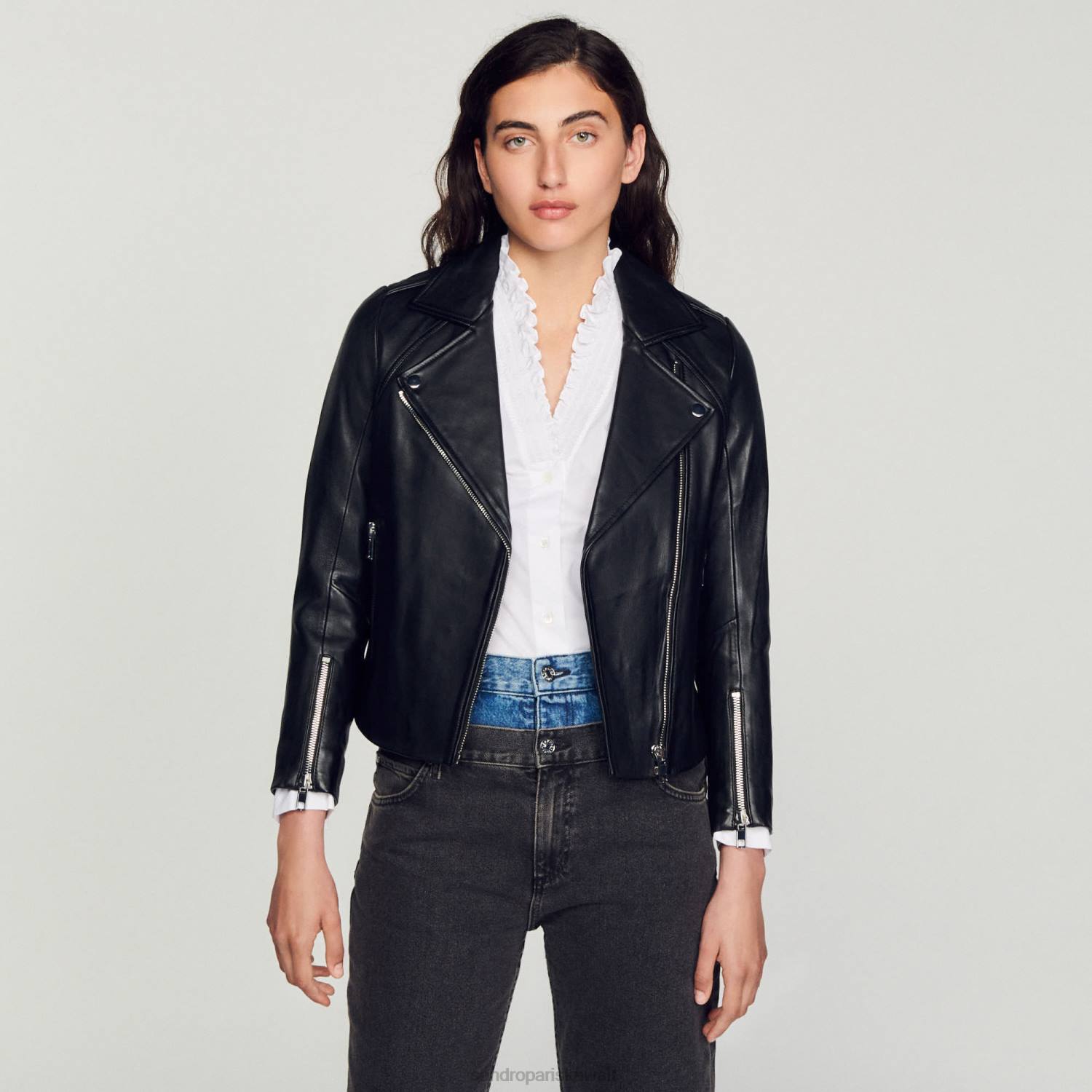 ثياب Sandro Paris سترة جلدية أسود نحيف ZJ00198