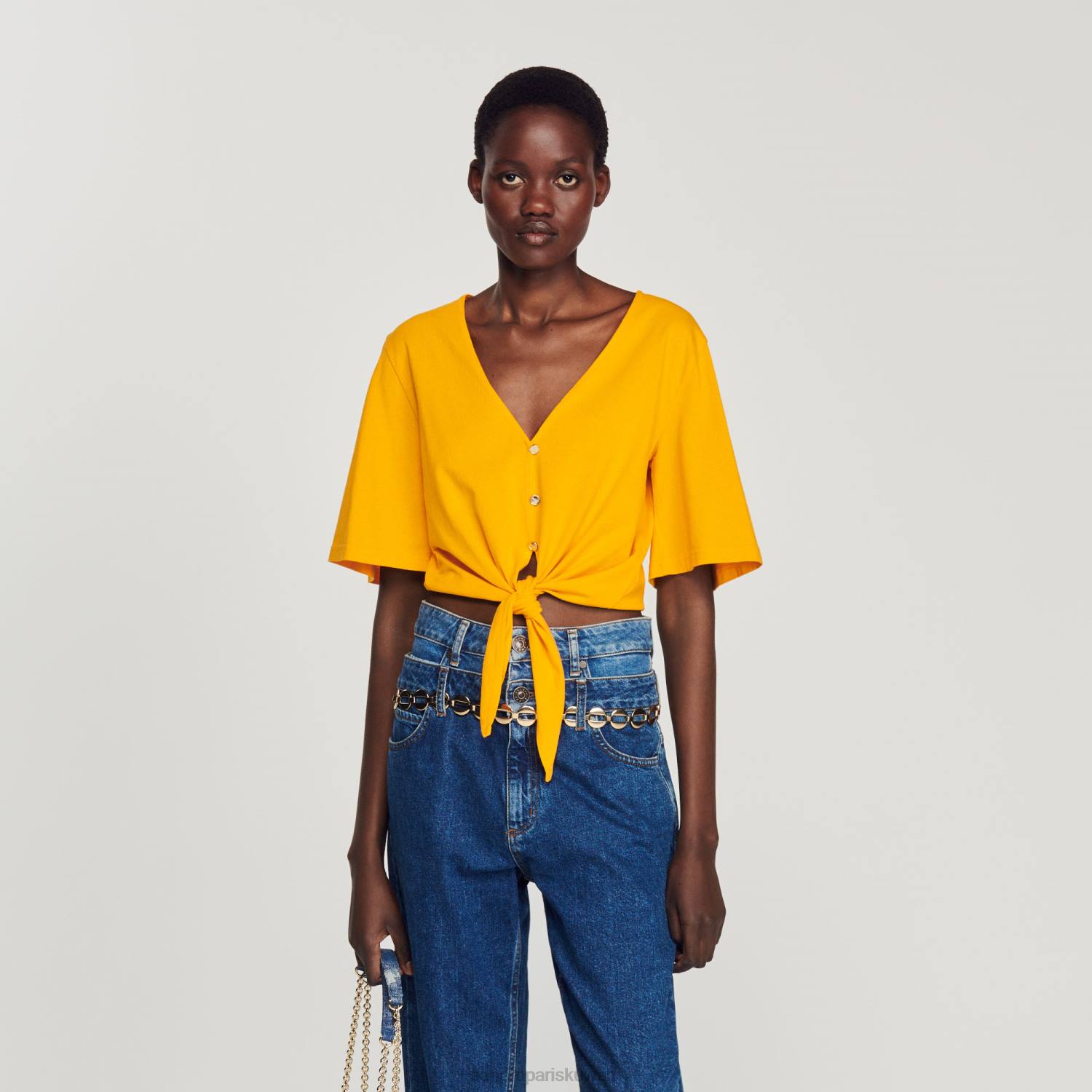 ثياب Sandro Paris جوهرة تي شيرت قصير البرتقالي نحيف ZJ00202