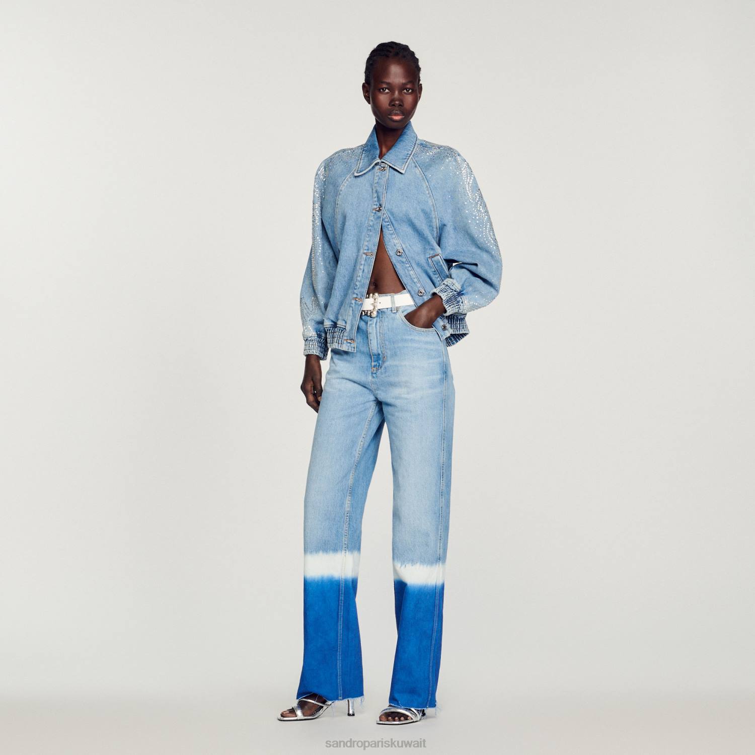 ثياب Sandro Paris سترة الدنيم حجر الراين جينز أزرق نحيف ZJ00203