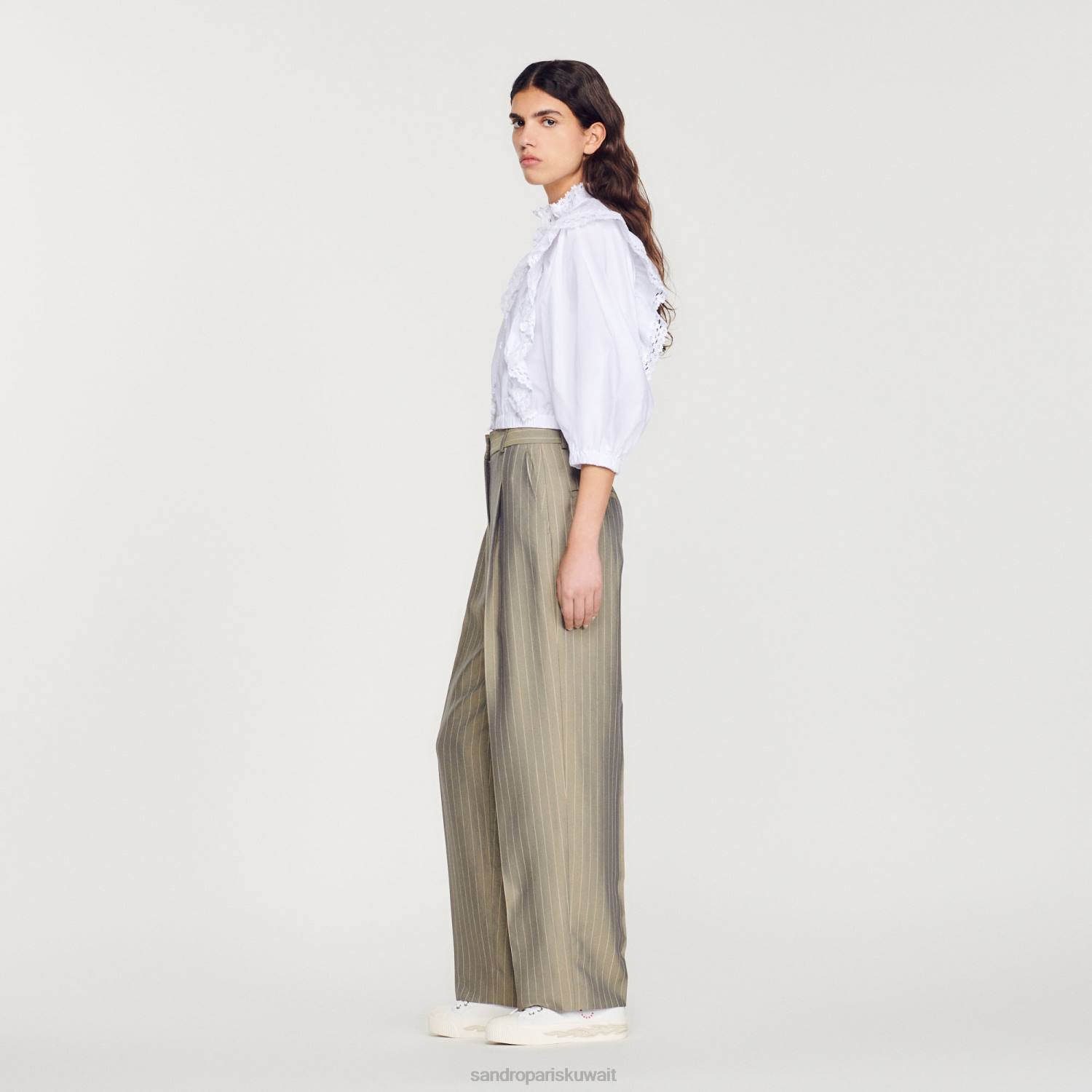 ثياب Sandro Paris السراويل مصممة أخضر زيتوني نحيف ZJ00204