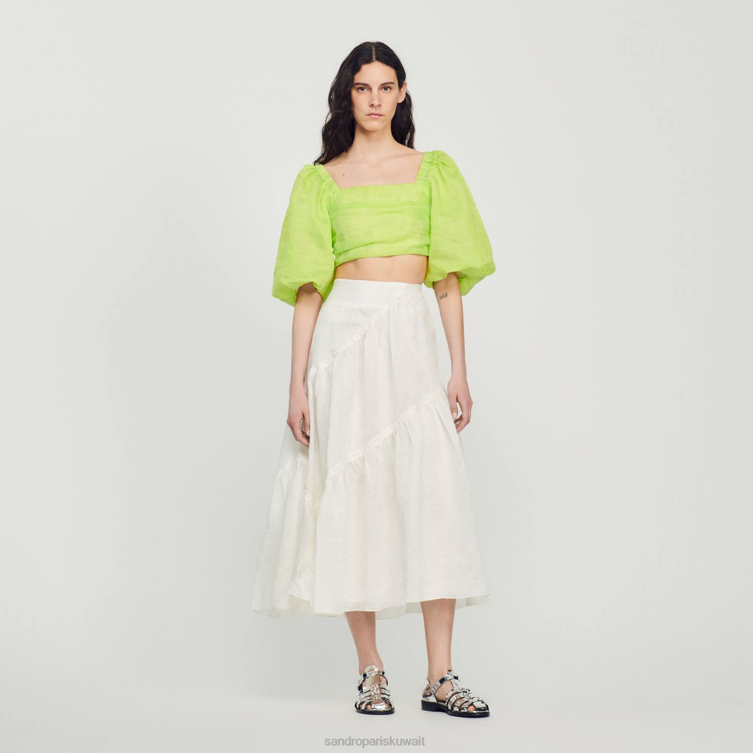 ثياب Sandro Paris تنورة طويلة تكدرت أبيض نحيف ZJ00205