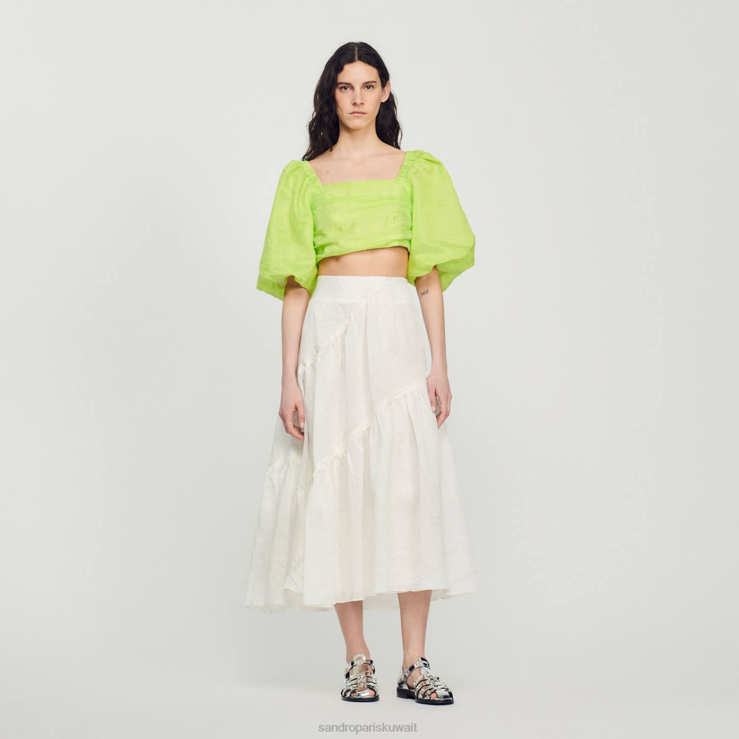 ثياب Sandro Paris تنورة طويلة تكدرت أبيض نحيف ZJ00205