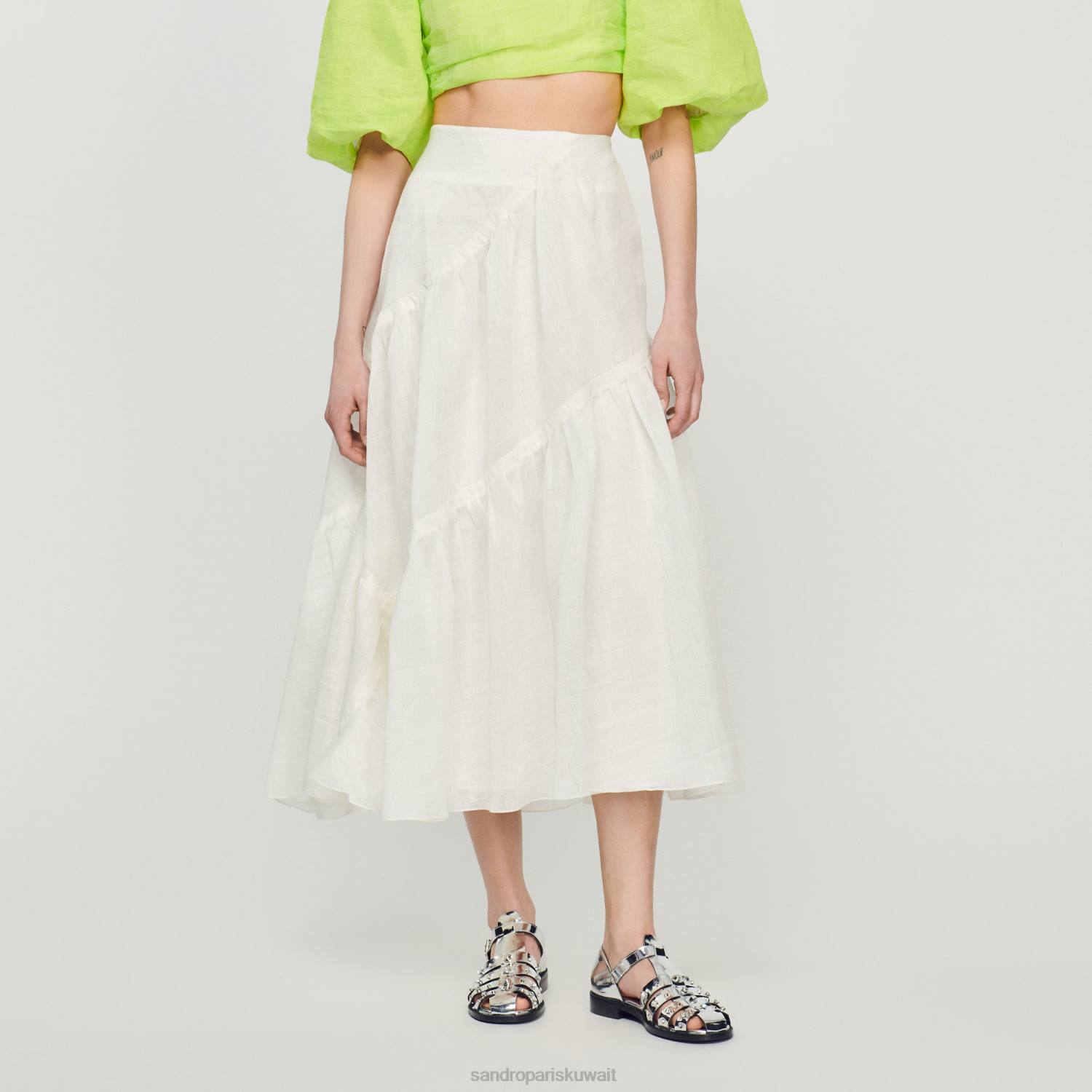 ثياب Sandro Paris تنورة طويلة تكدرت أبيض نحيف ZJ00205