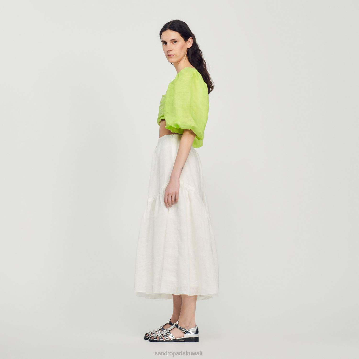 ثياب Sandro Paris تنورة طويلة تكدرت أبيض نحيف ZJ00205