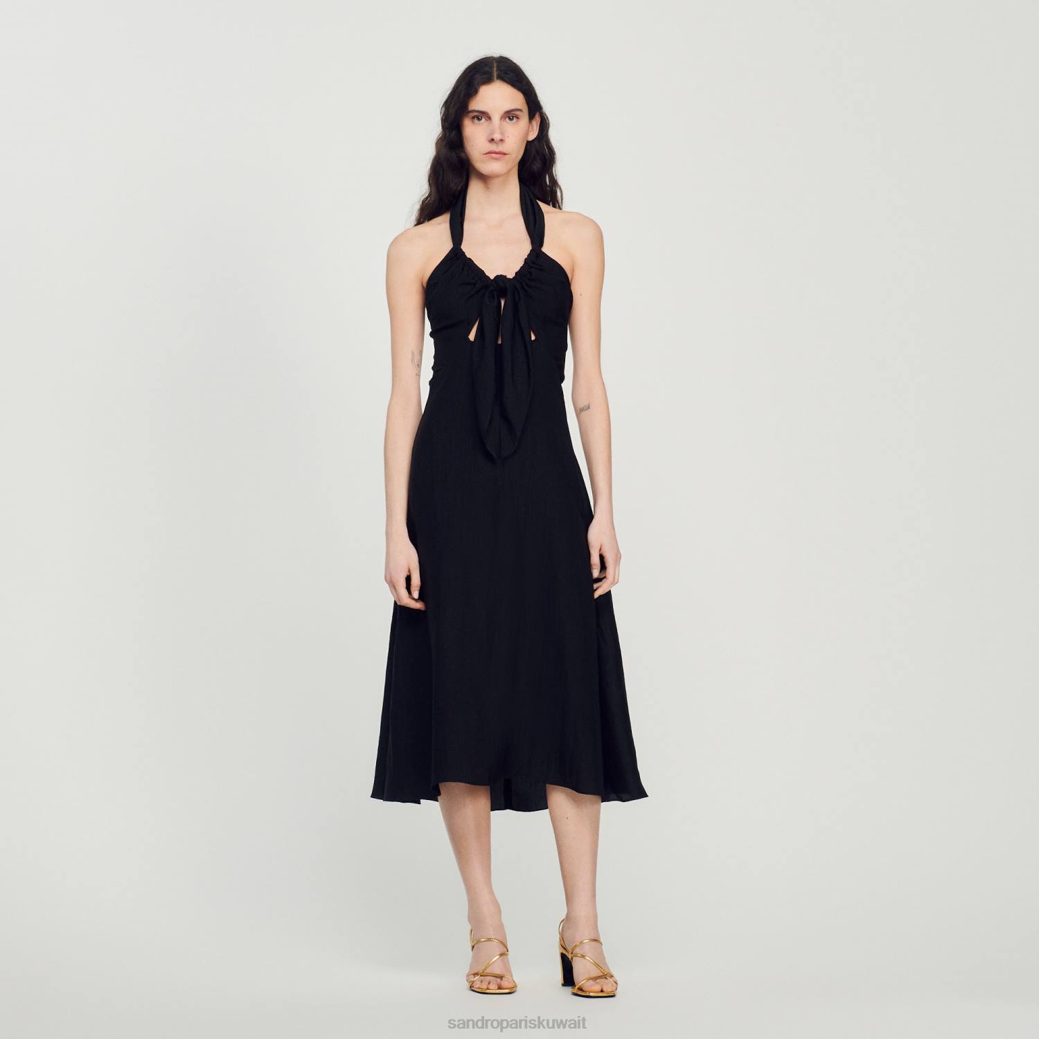 ثياب Sandro Paris ربط فستان عارية الذراعين أسود نحيف ZJ00206