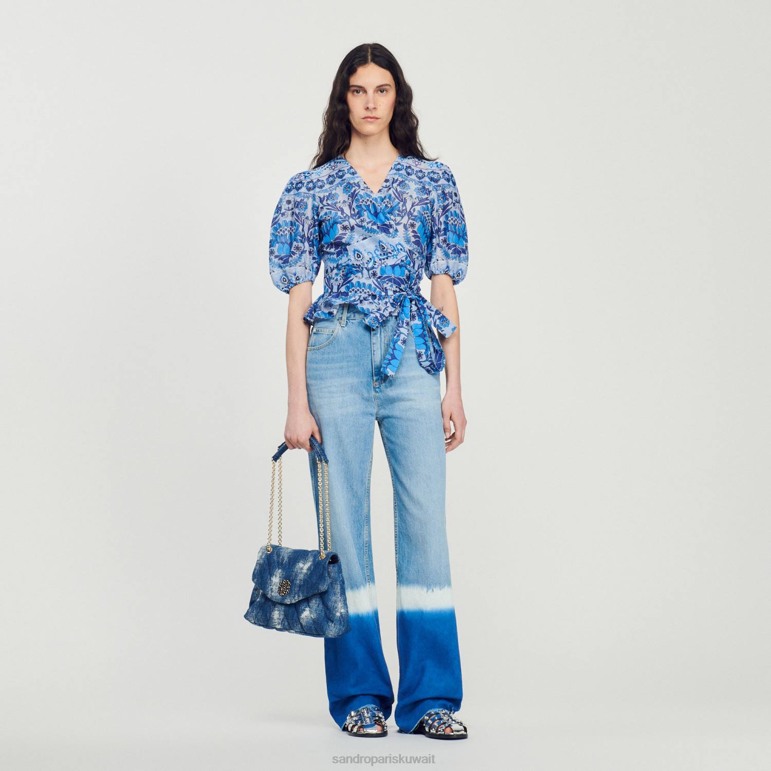 ثياب Sandro Paris جزء علوي ملفوف مطبوع أزرق نحيف ZJ00211