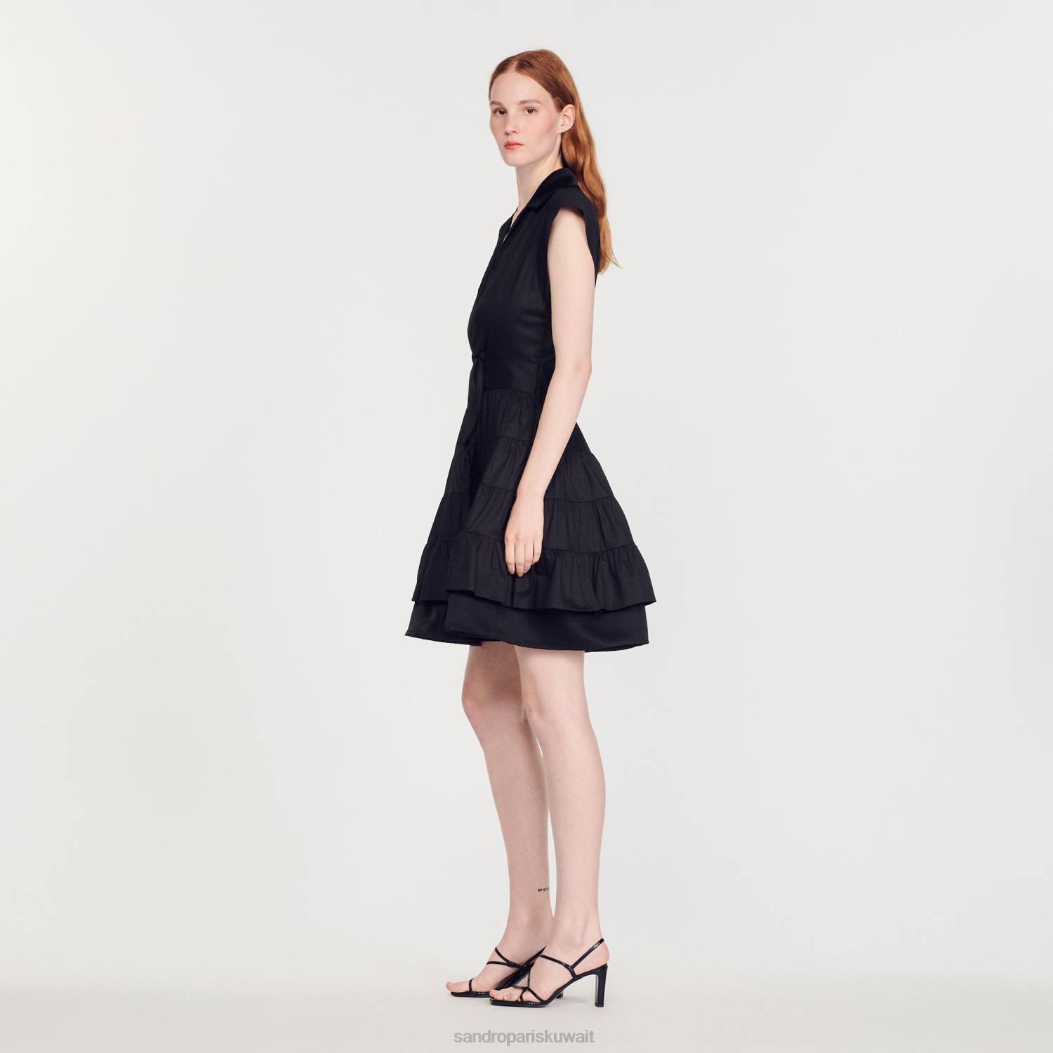 ثياب Sandro Paris فستان قصير كشكش أسود نحيف ZJ00212