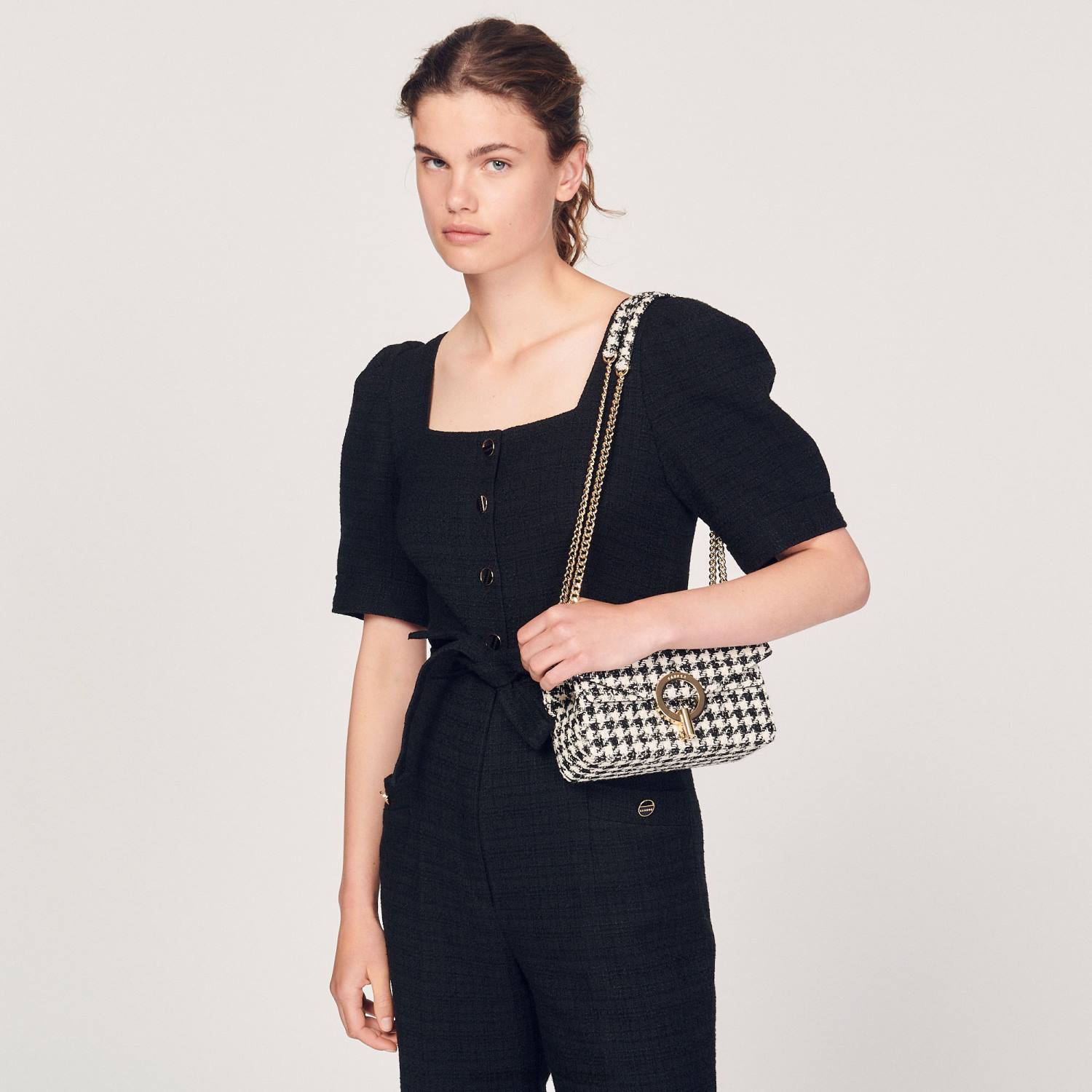 ثياب Sandro Paris بذلة تويد أسود نحيف ZJ00213