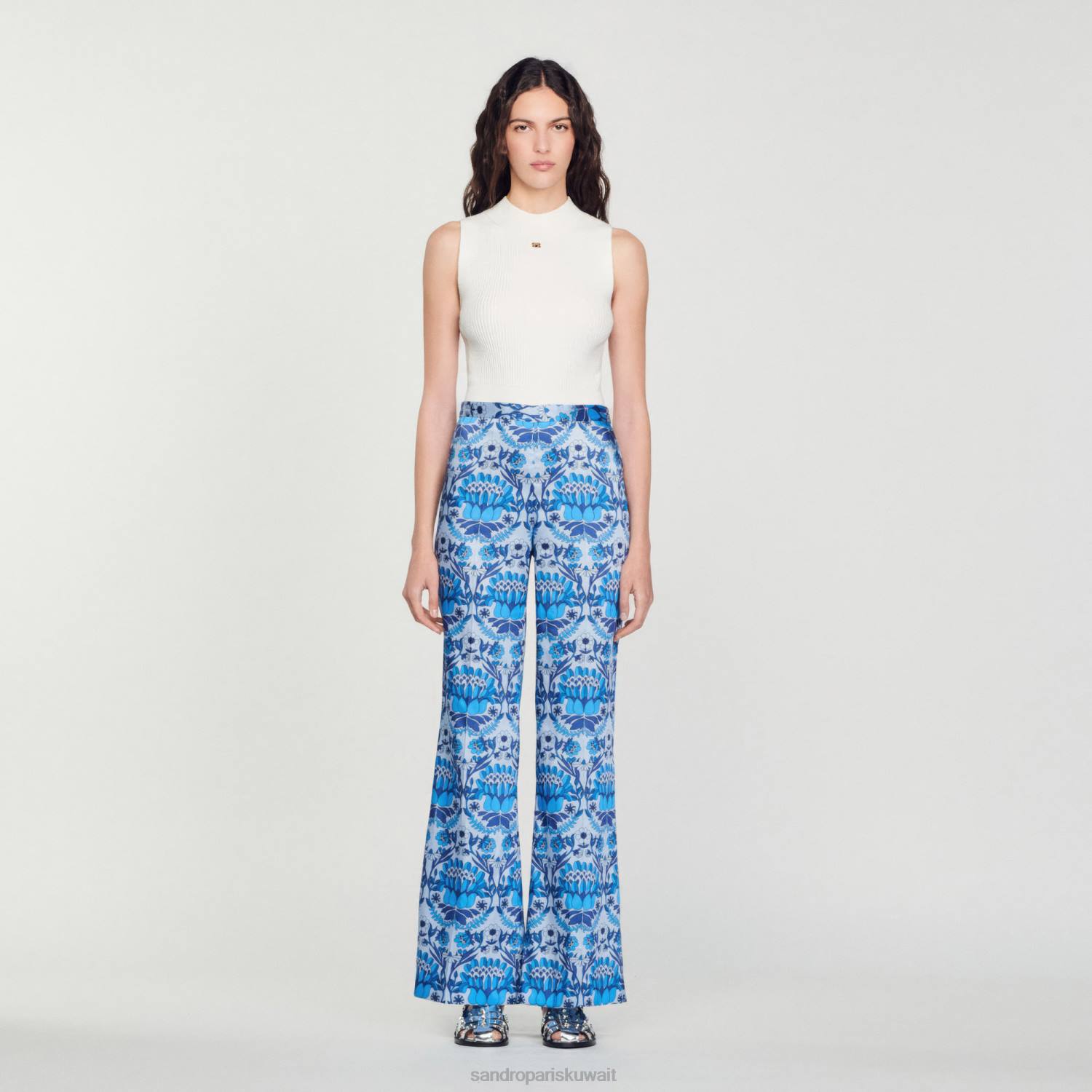 ثياب Sandro Paris بنطال فضفاض بطباعة وشاح أزرق نحيف ZJ00215