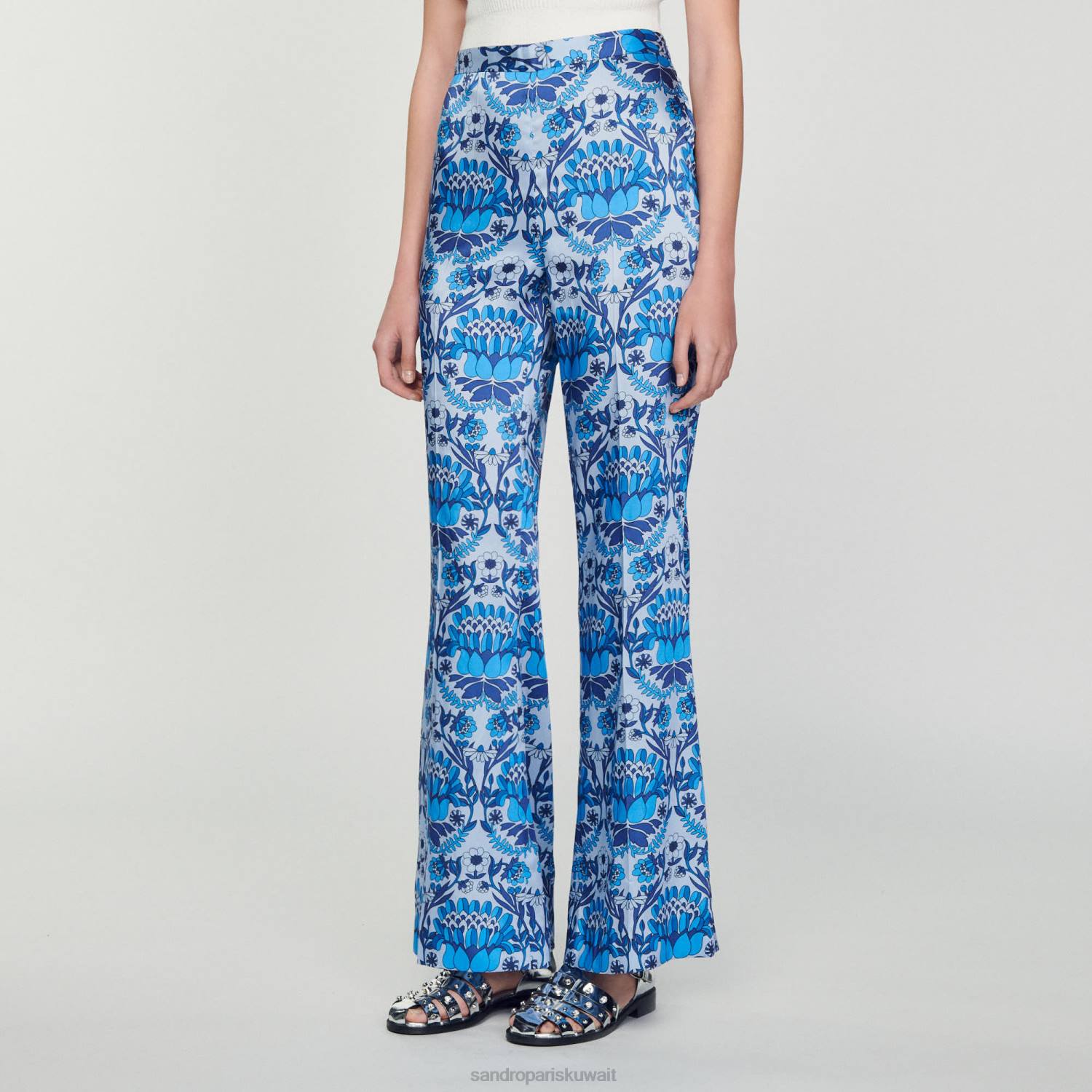 ثياب Sandro Paris بنطال فضفاض بطباعة وشاح أزرق نحيف ZJ00215
