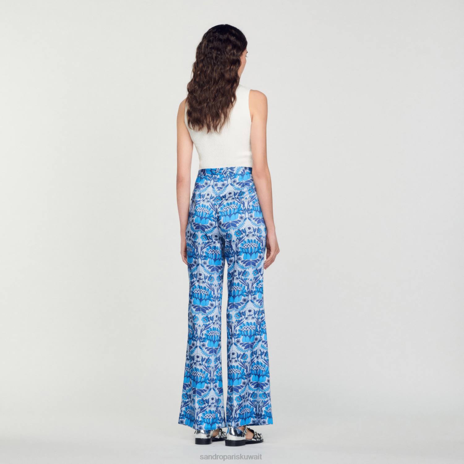 ثياب Sandro Paris بنطال فضفاض بطباعة وشاح أزرق نحيف ZJ00215
