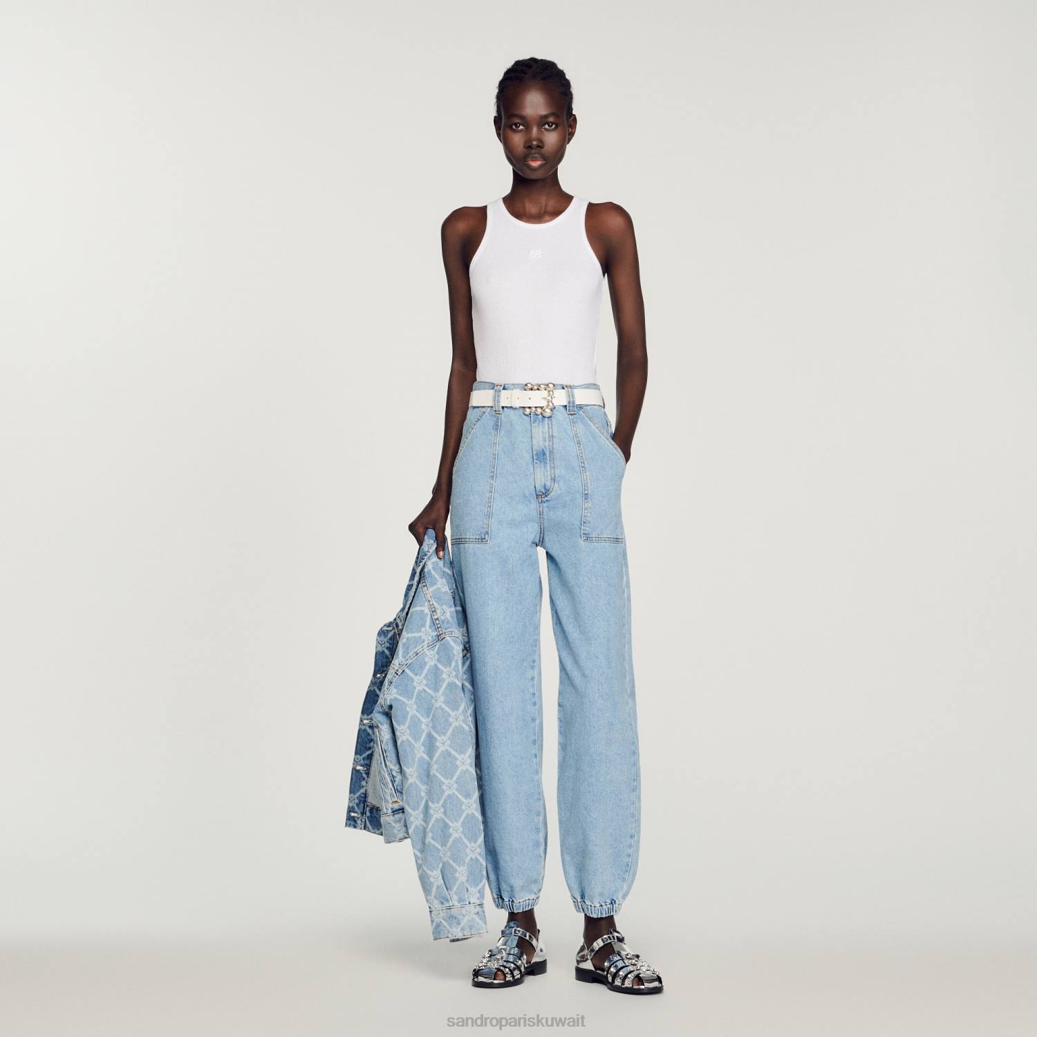 ثياب Sandro Paris سترة علوية بشعار مزدوج أبيض نحيف ZJ00222