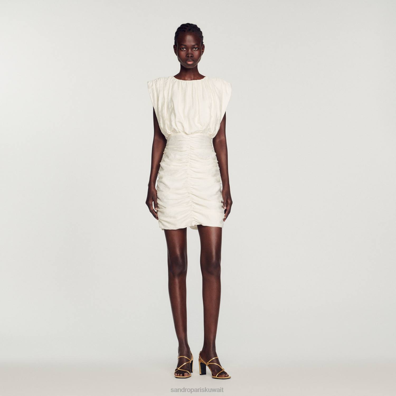 ثياب Sandro Paris فستان قصير ثنيات بيج فاتح نحيف ZJ00224