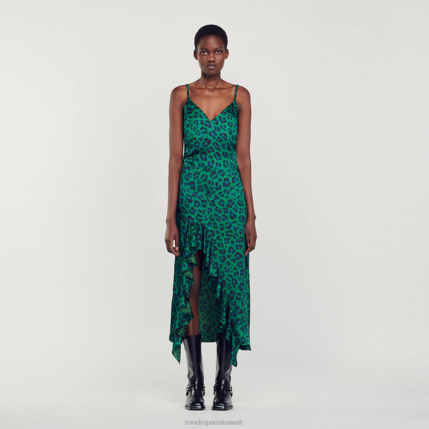 ثياب Sandro Paris فستان بفتحة بطبعة جلد الفهد أخضر نحيف ZJ0022