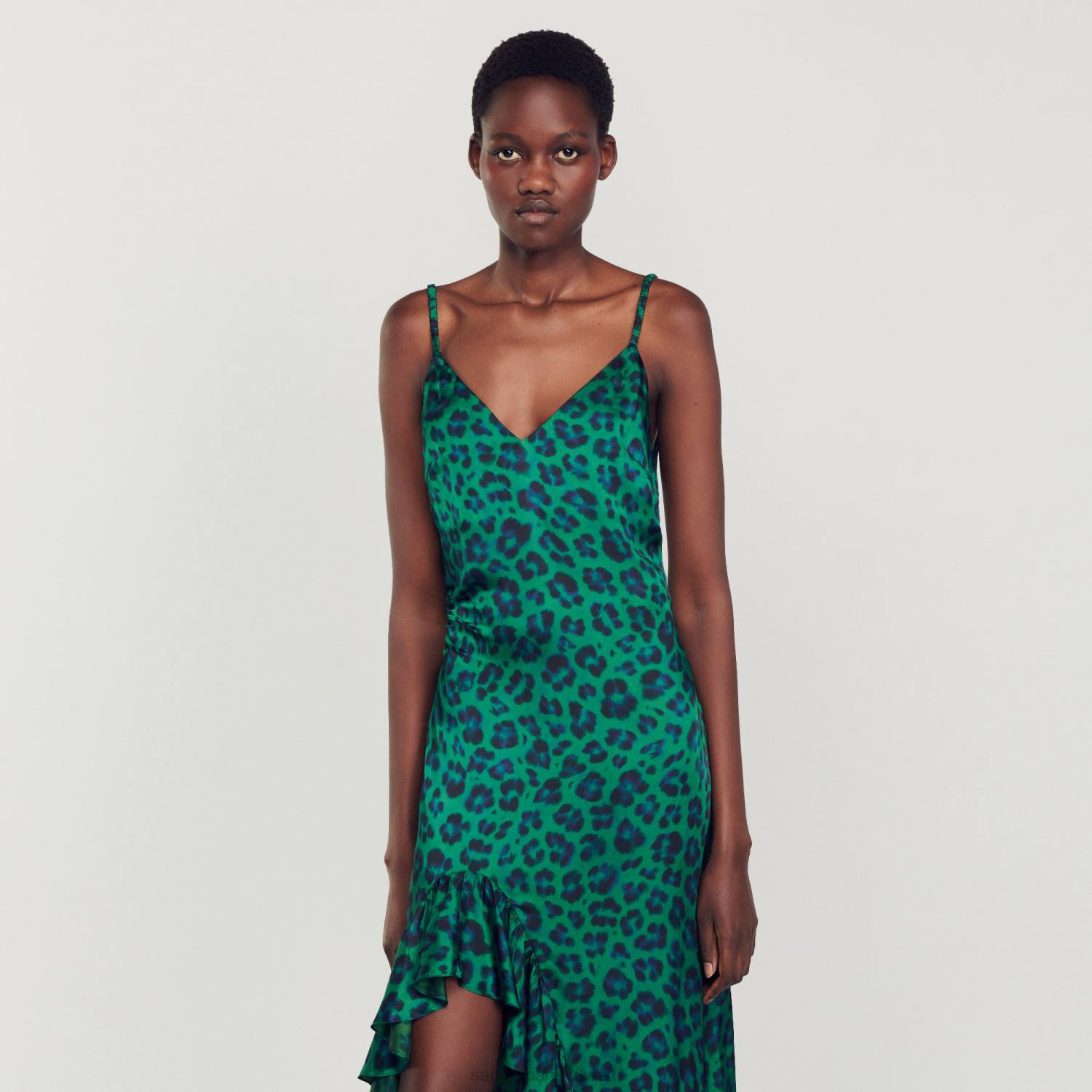 ثياب Sandro Paris فستان بفتحة بطبعة جلد الفهد أخضر نحيف ZJ0022