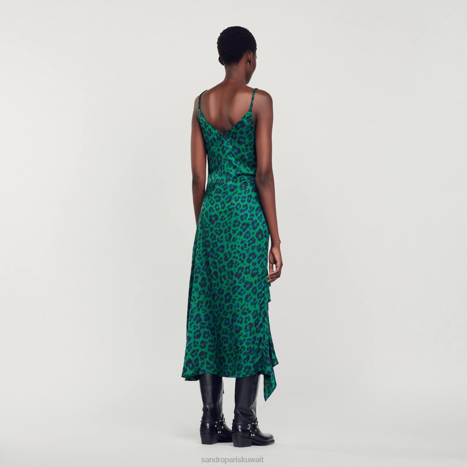 ثياب Sandro Paris فستان بفتحة بطبعة جلد الفهد أخضر نحيف ZJ0022