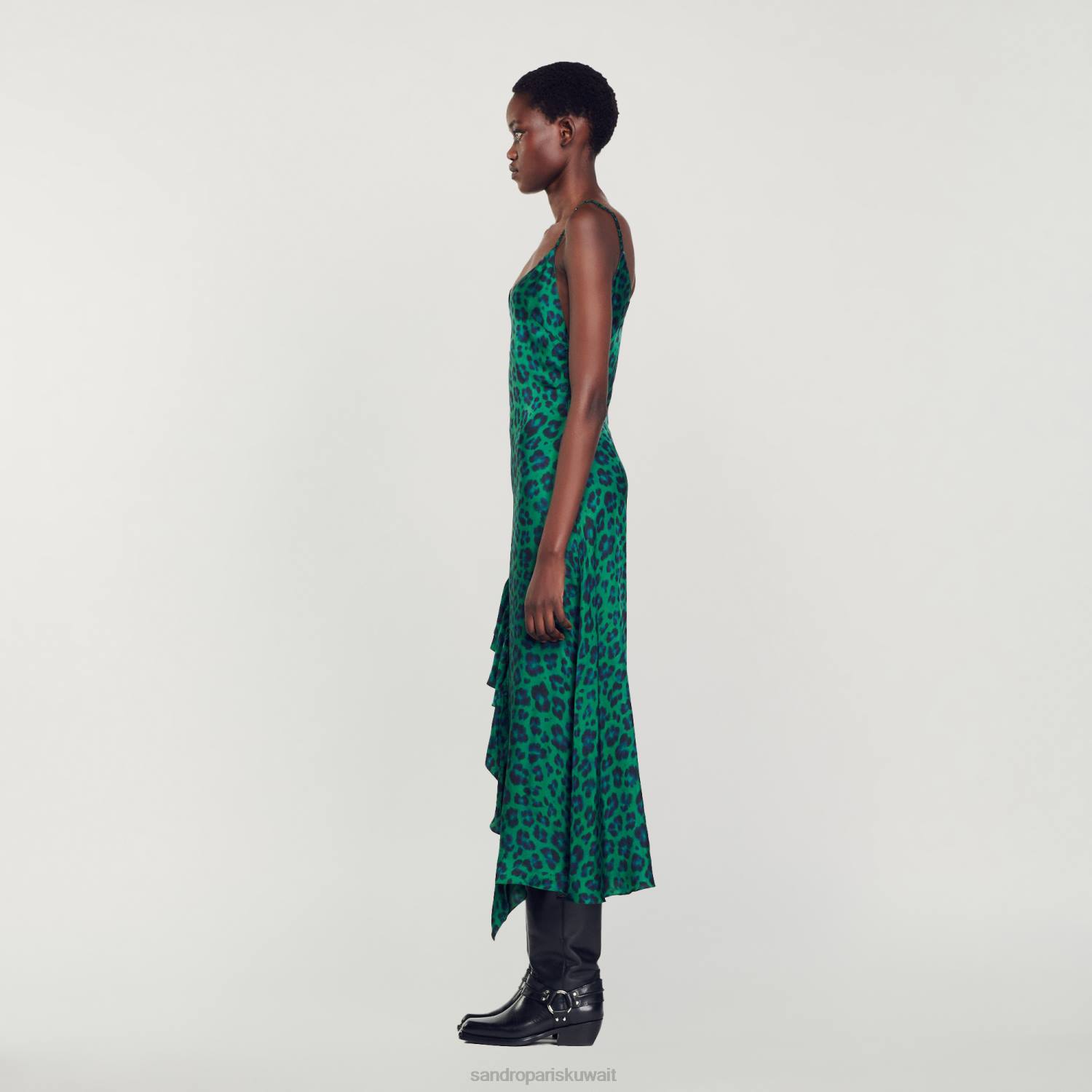 ثياب Sandro Paris فستان بفتحة بطبعة جلد الفهد أخضر نحيف ZJ0022