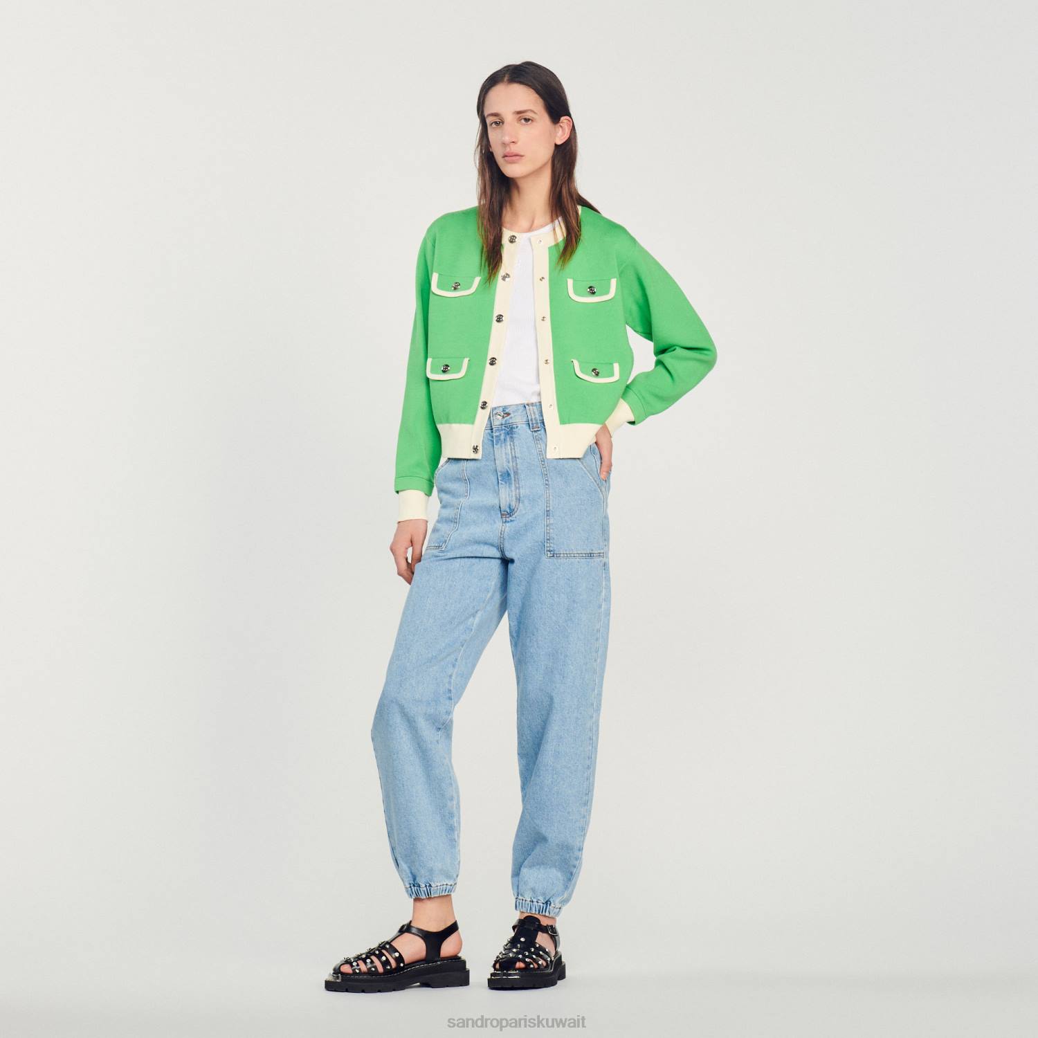 ثياب Sandro Paris سترة بلونين مع أزرار لون واحد نحيف ZJ00232