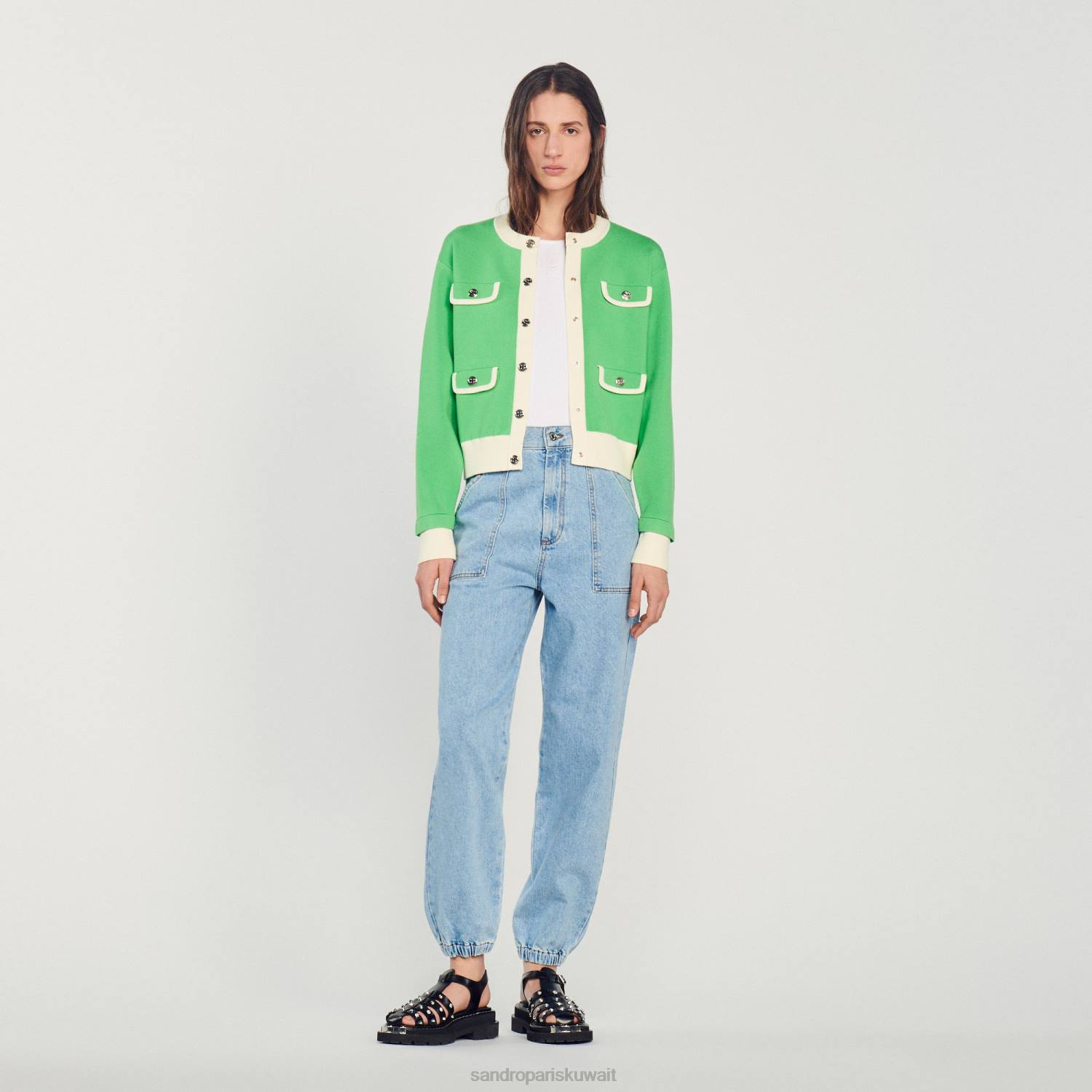 ثياب Sandro Paris سترة بلونين مع أزرار لون واحد نحيف ZJ00232