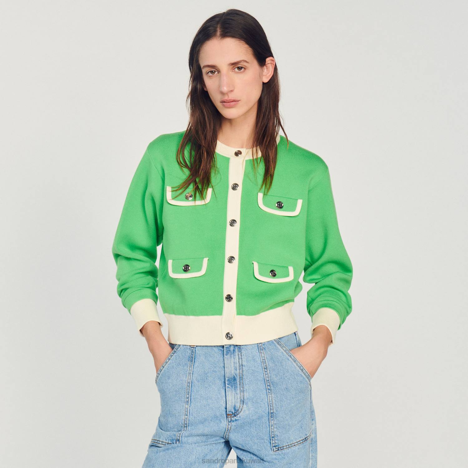 ثياب Sandro Paris سترة بلونين مع أزرار لون واحد نحيف ZJ00232