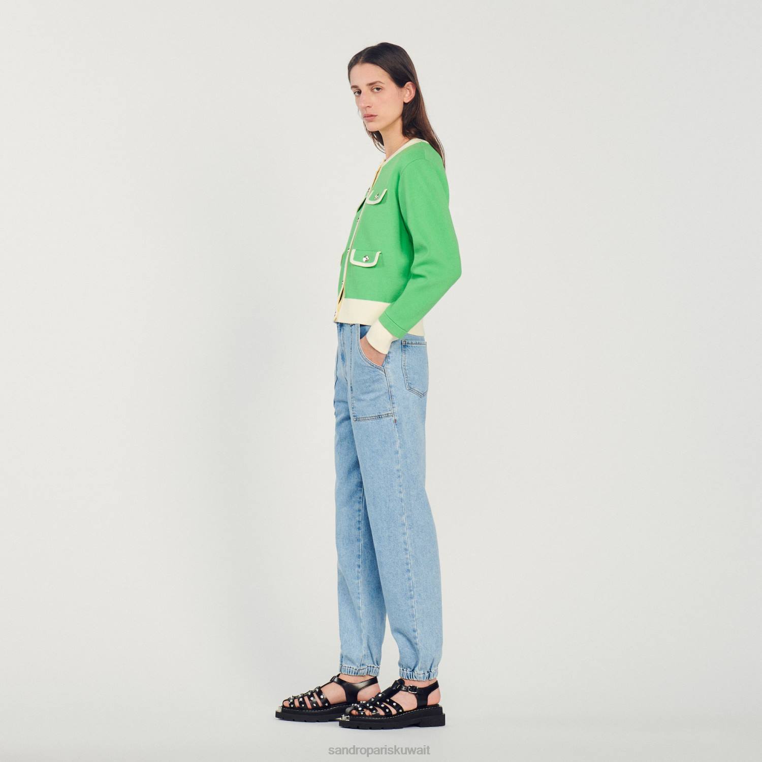 ثياب Sandro Paris سترة بلونين مع أزرار لون واحد نحيف ZJ00232