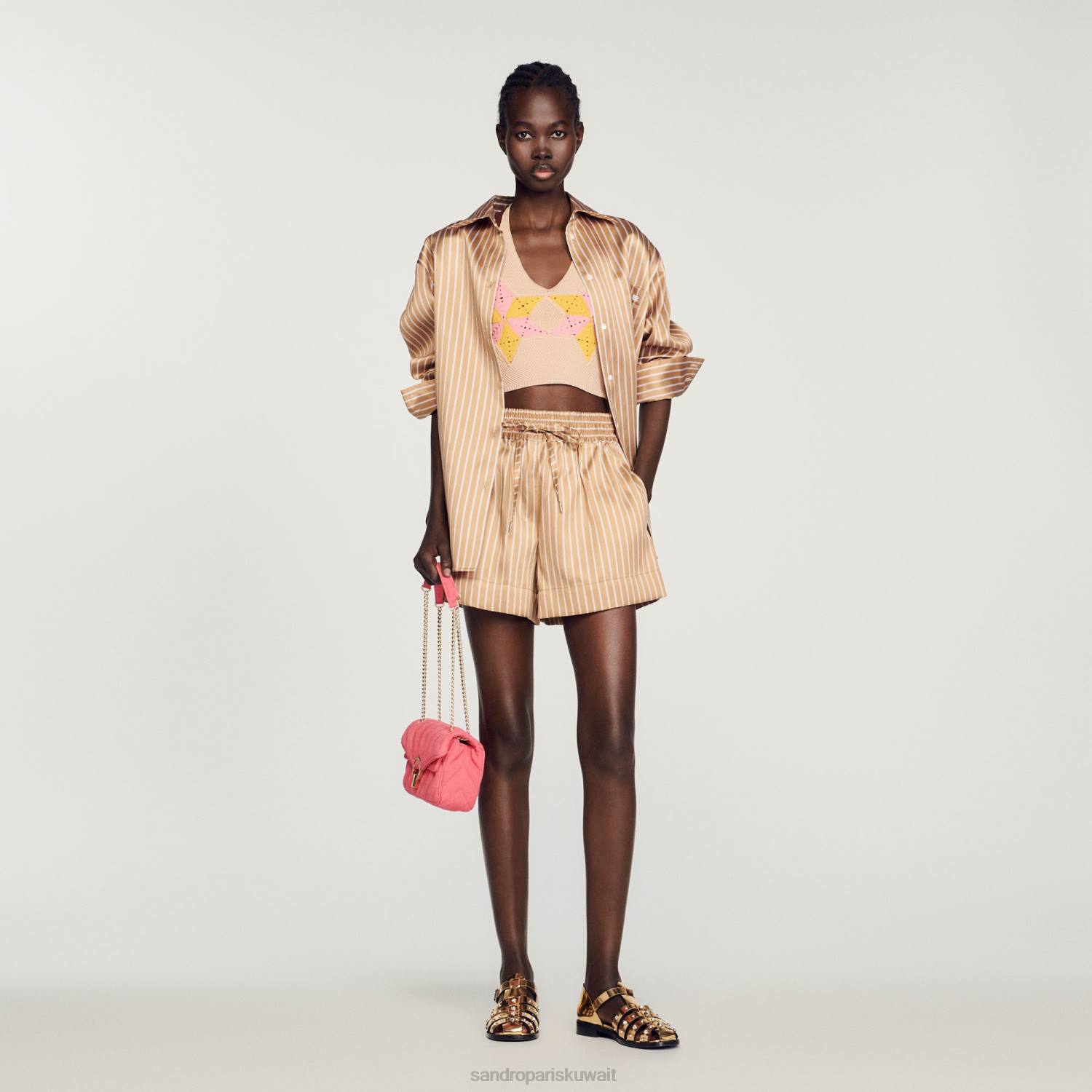 ثياب Sandro Paris شورت فضفاض مخطط برونزي/أبيض نحيف ZJ00233