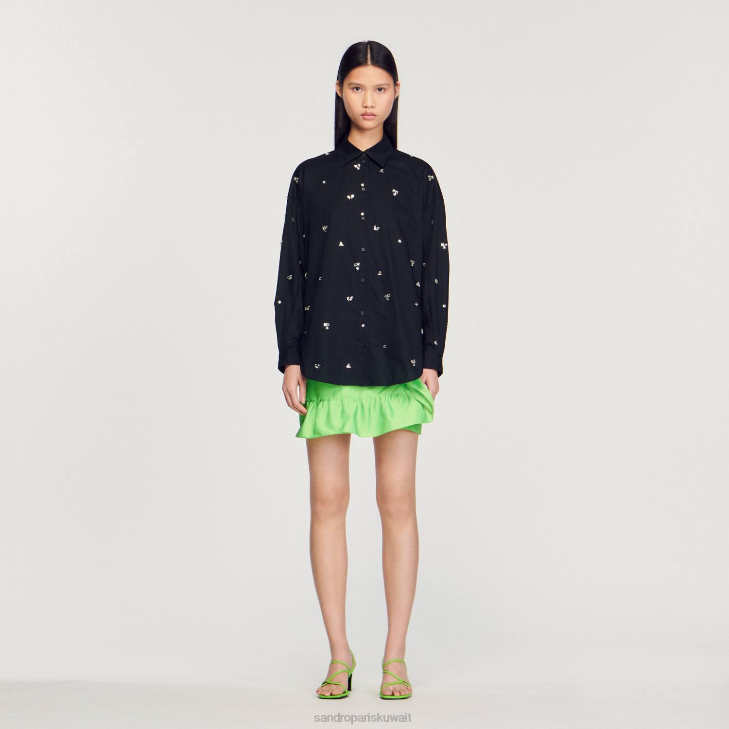 ثياب Sandro Paris قميص مطرز يدوياً أسود نحيف ZJ00235