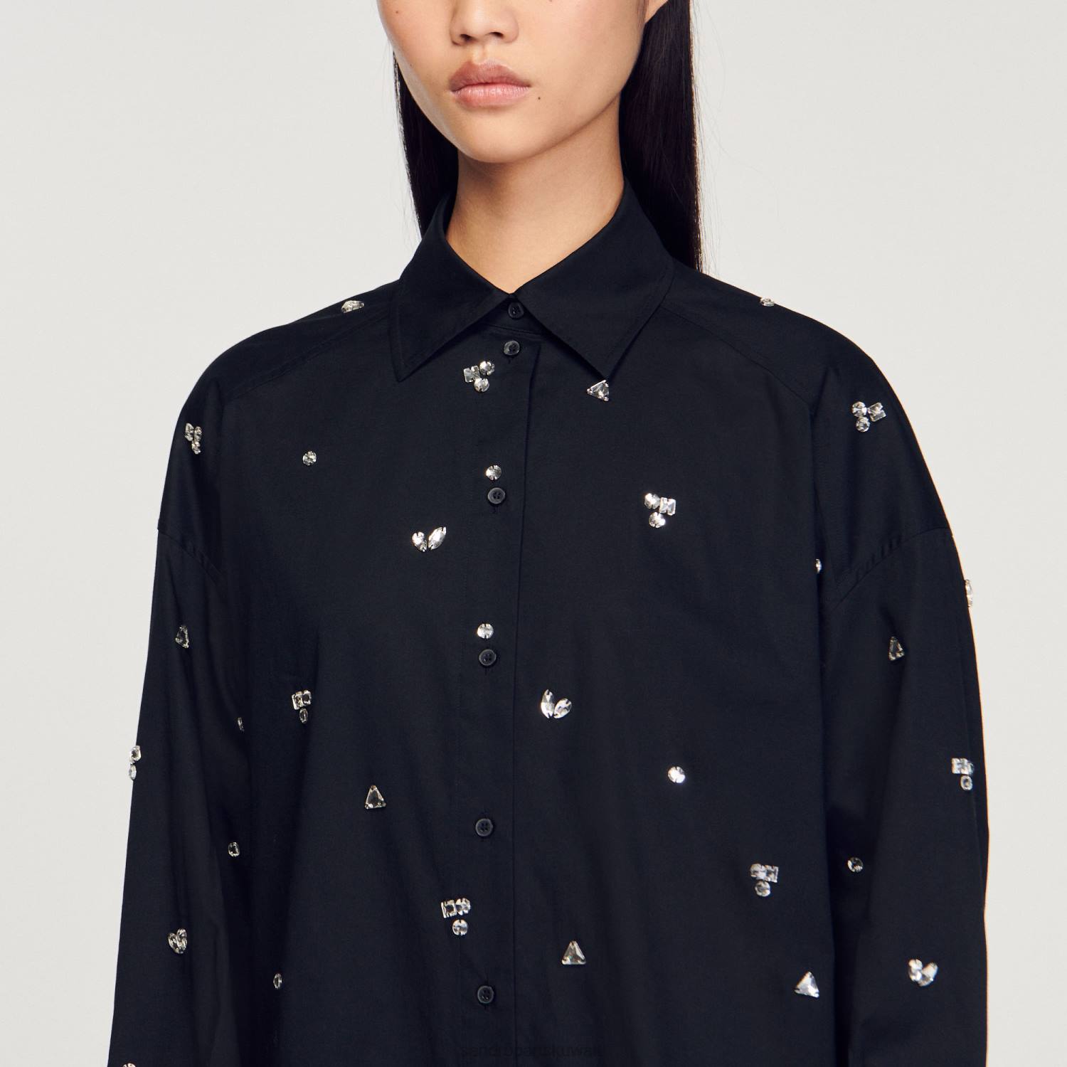 ثياب Sandro Paris قميص مطرز يدوياً أسود نحيف ZJ00235