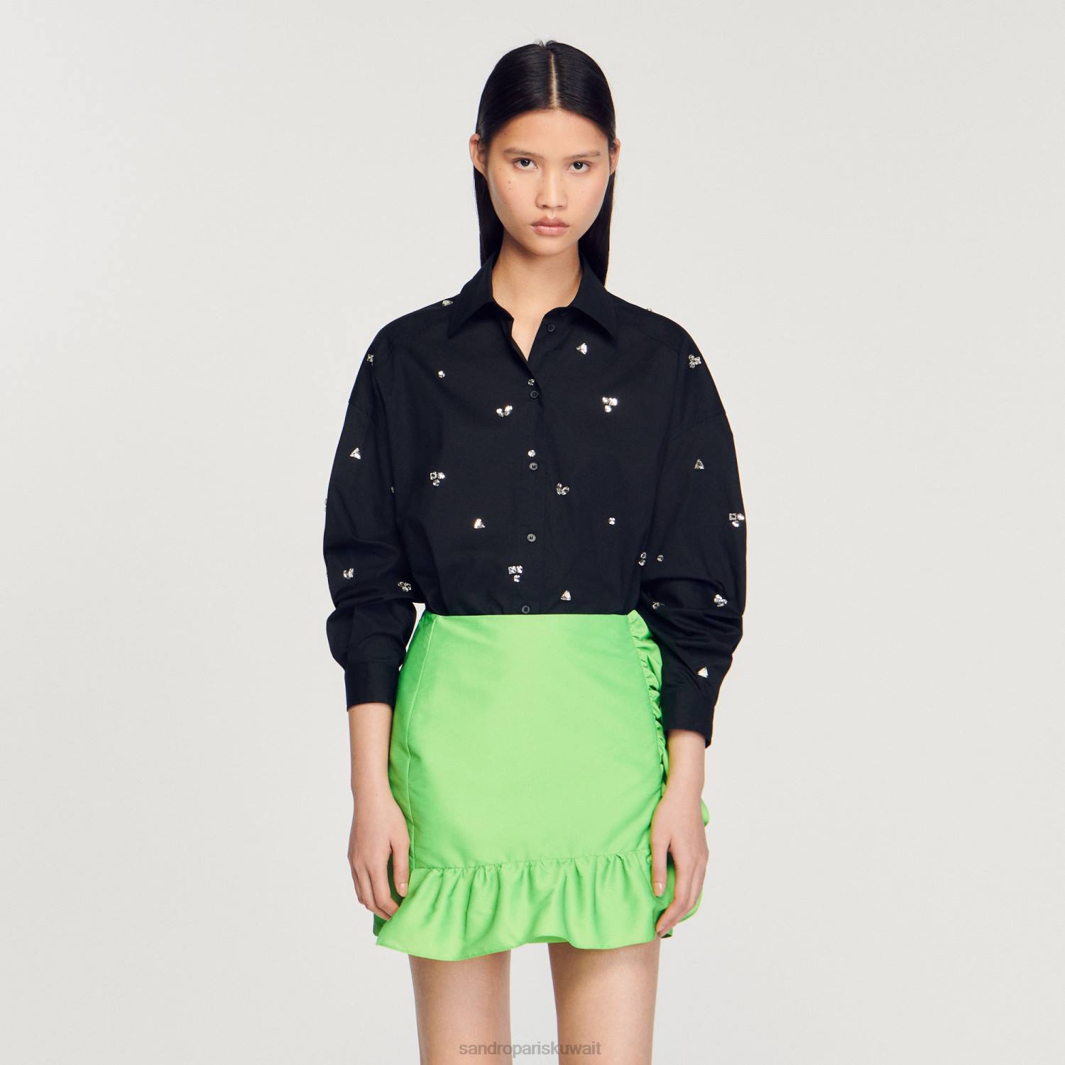 ثياب Sandro Paris قميص مطرز يدوياً أسود نحيف ZJ00235