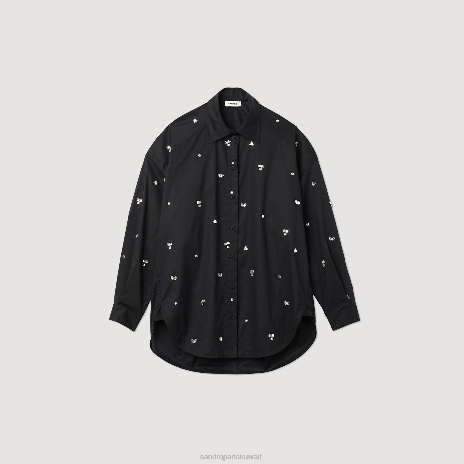 ثياب Sandro Paris قميص مطرز يدوياً أسود نحيف ZJ00235