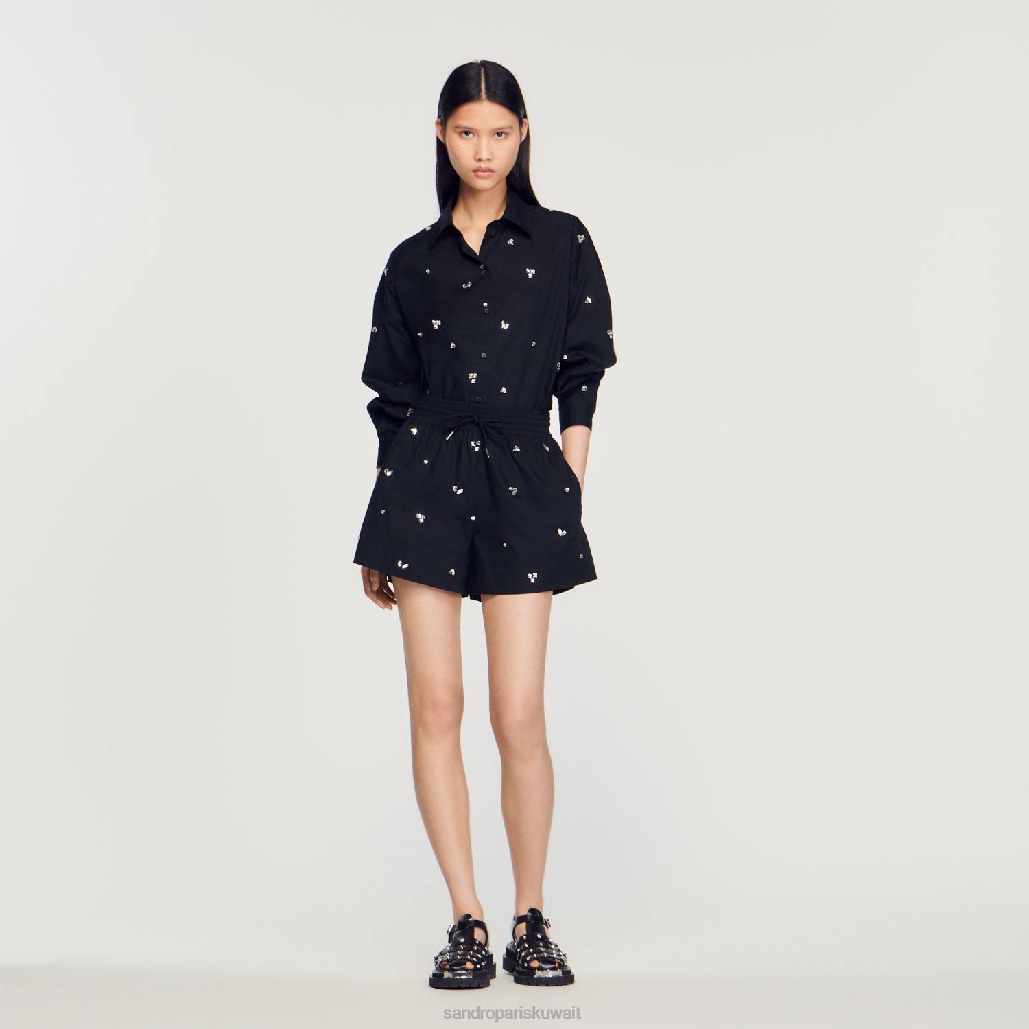 ثياب Sandro Paris شورت مطرز يدويًا أسود نحيف ZJ00236