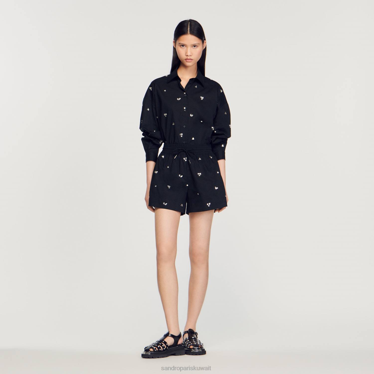ثياب Sandro Paris شورت مطرز يدويًا أسود نحيف ZJ00236