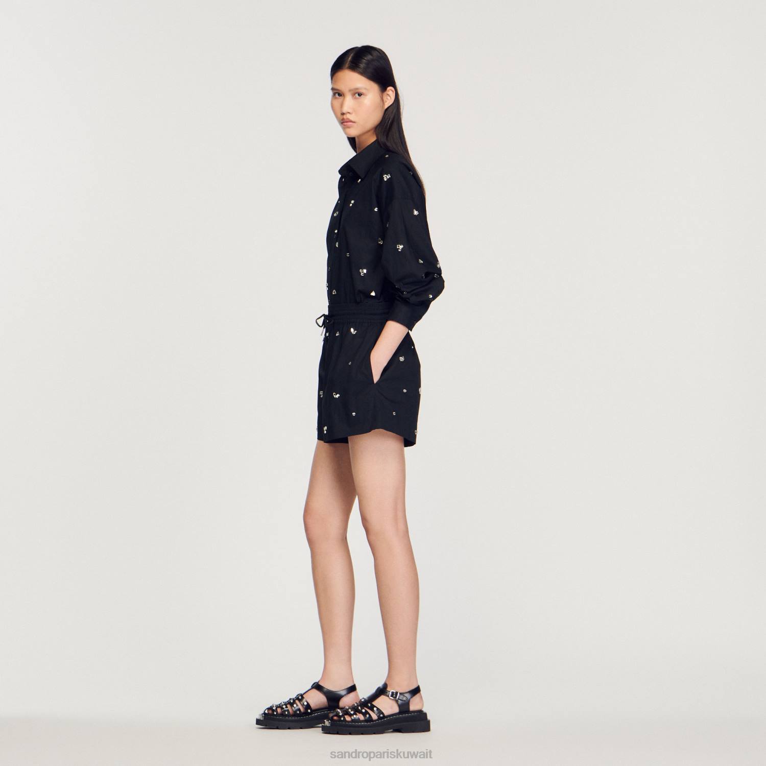 ثياب Sandro Paris شورت مطرز يدويًا أسود نحيف ZJ00236