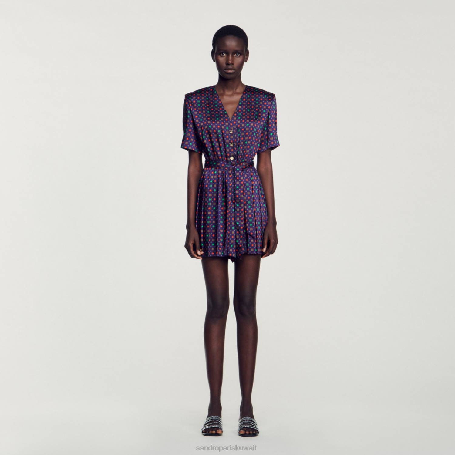 ثياب Sandro Paris بلاي سوت من الساتان المطبوع أزرق أحمر نحيف ZJ0023