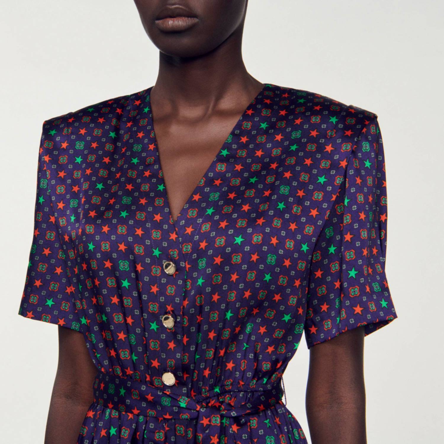 ثياب Sandro Paris بلاي سوت من الساتان المطبوع أزرق أحمر نحيف ZJ0023