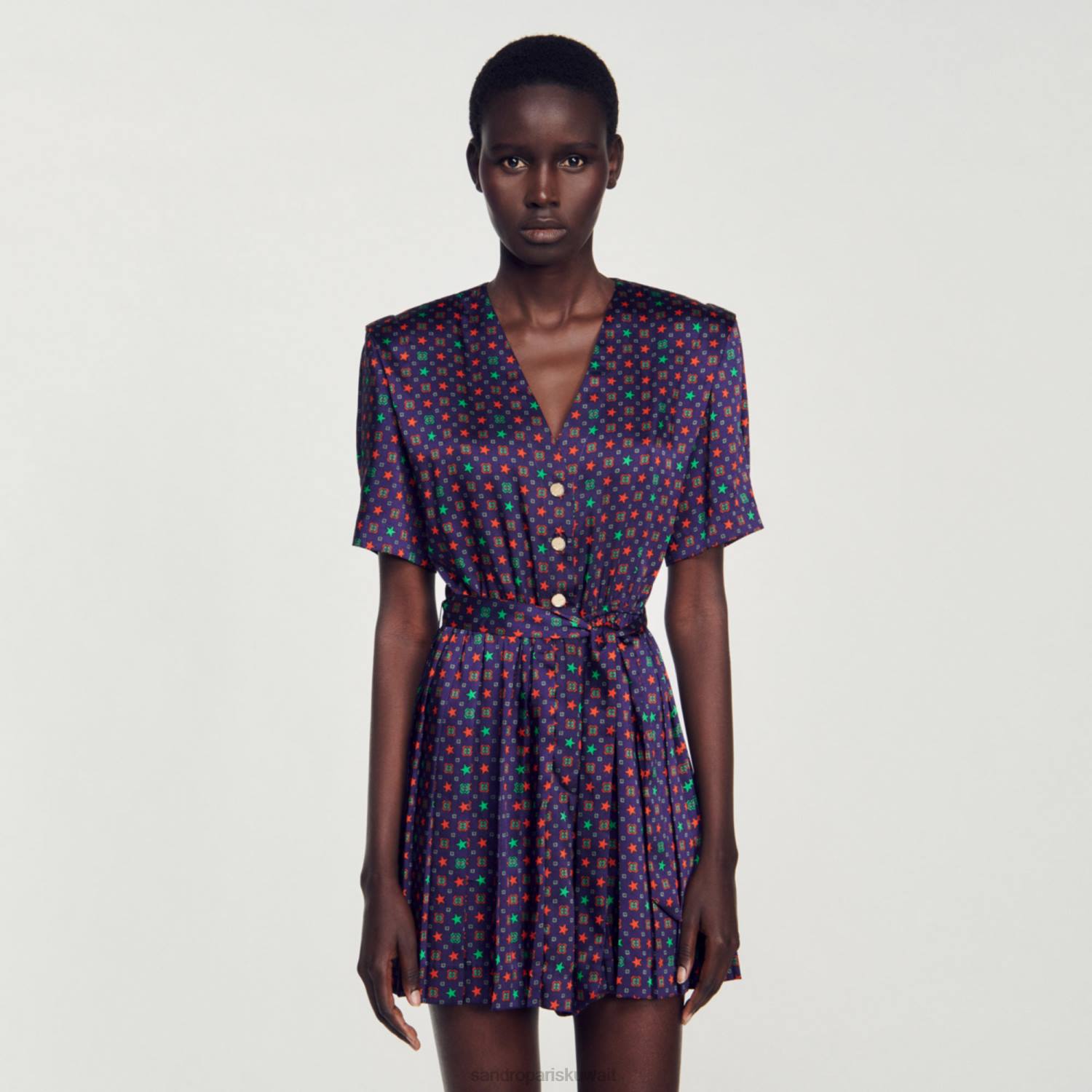 ثياب Sandro Paris بلاي سوت من الساتان المطبوع أزرق أحمر نحيف ZJ0023