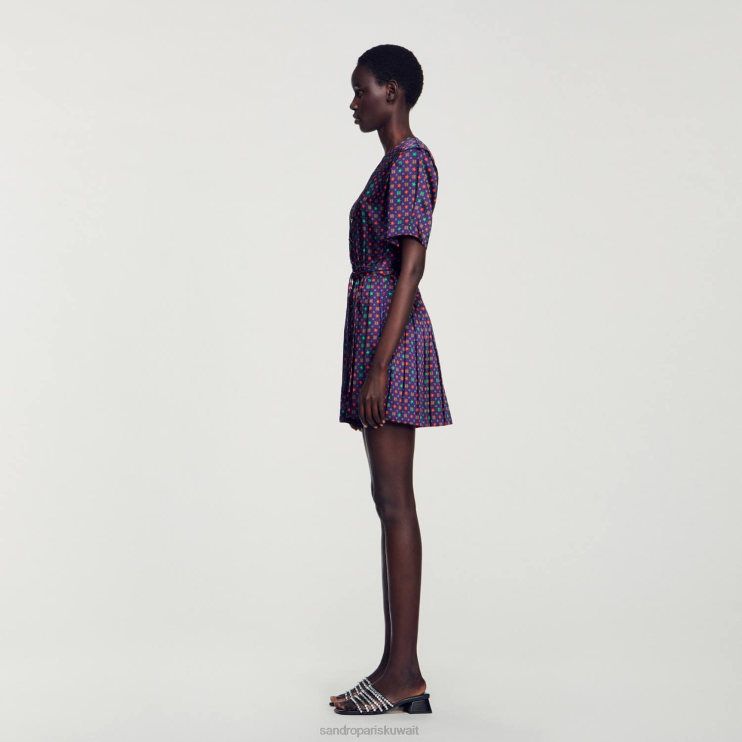 ثياب Sandro Paris بلاي سوت من الساتان المطبوع أزرق أحمر نحيف ZJ0023